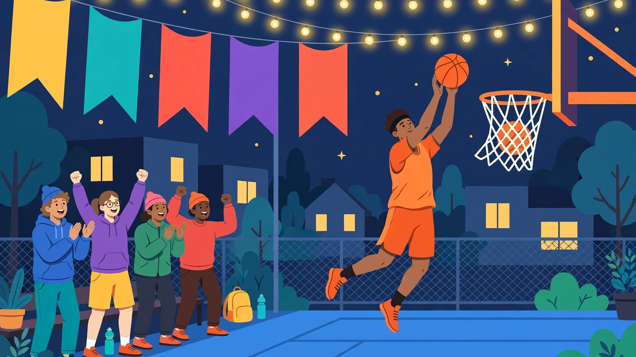 Flat vector illustration of a basketball player in an orange jersey shooting toward a hoop under colorful championship banners and string lights on a neighborhood court at night, with cheering teammates on the sidelines.