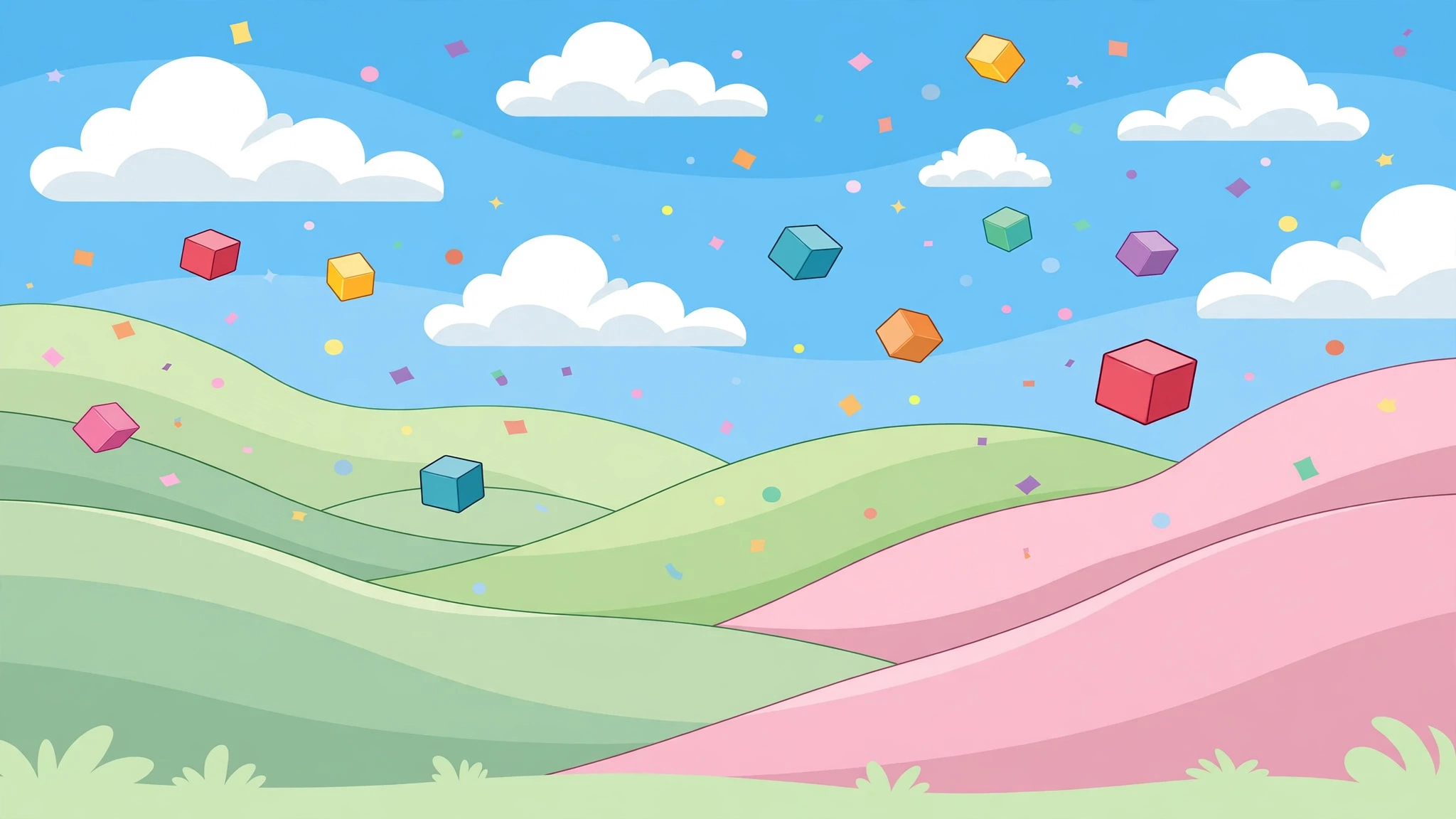 Blast Board Bonanza — rolling pastel hills with colorful blocks floating in the sky