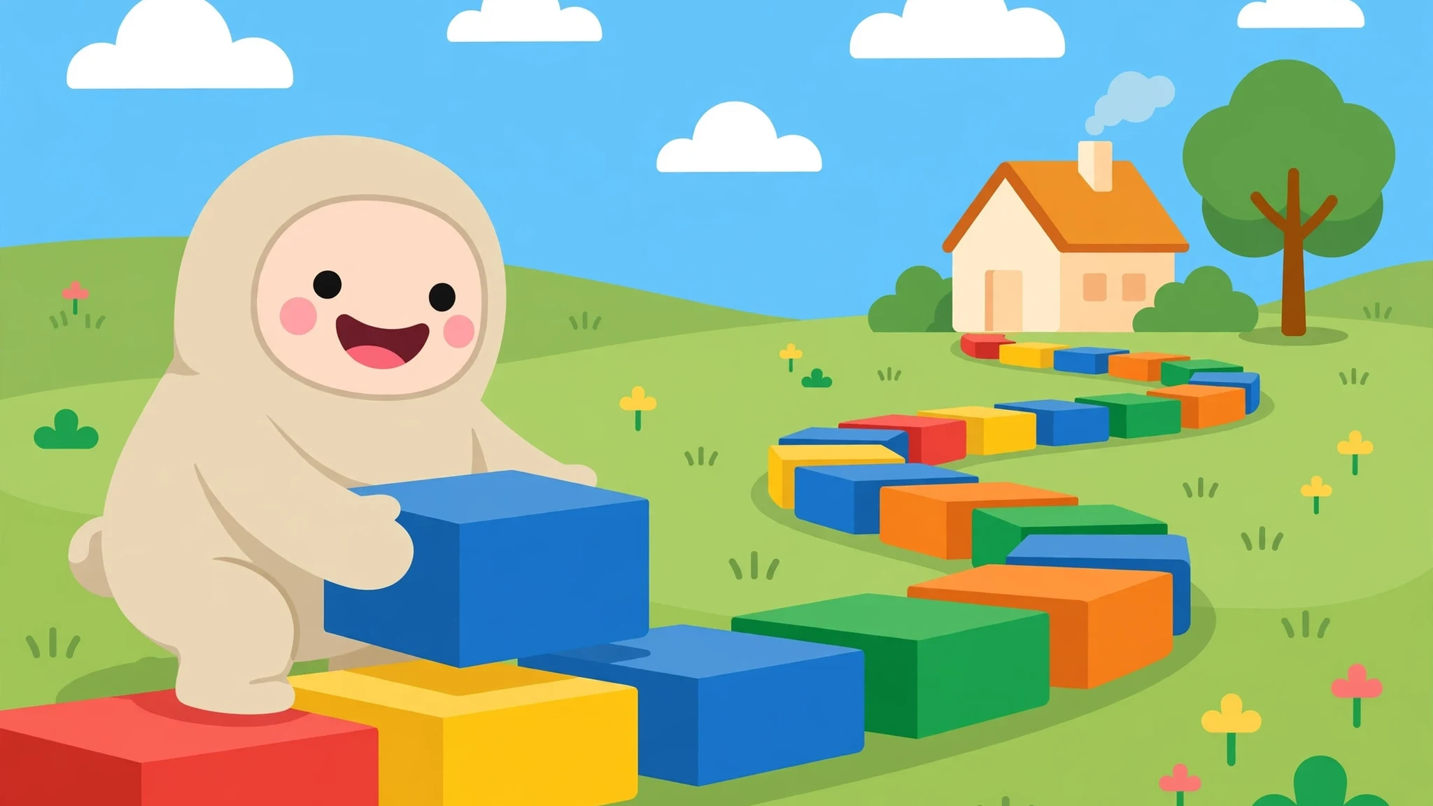 A cheerful cartoon character in a cream hooded outfit placing a large blue block onto a winding path of red, yellow, blue, green and orange blocks leading across a sunny meadow to a small house and tree