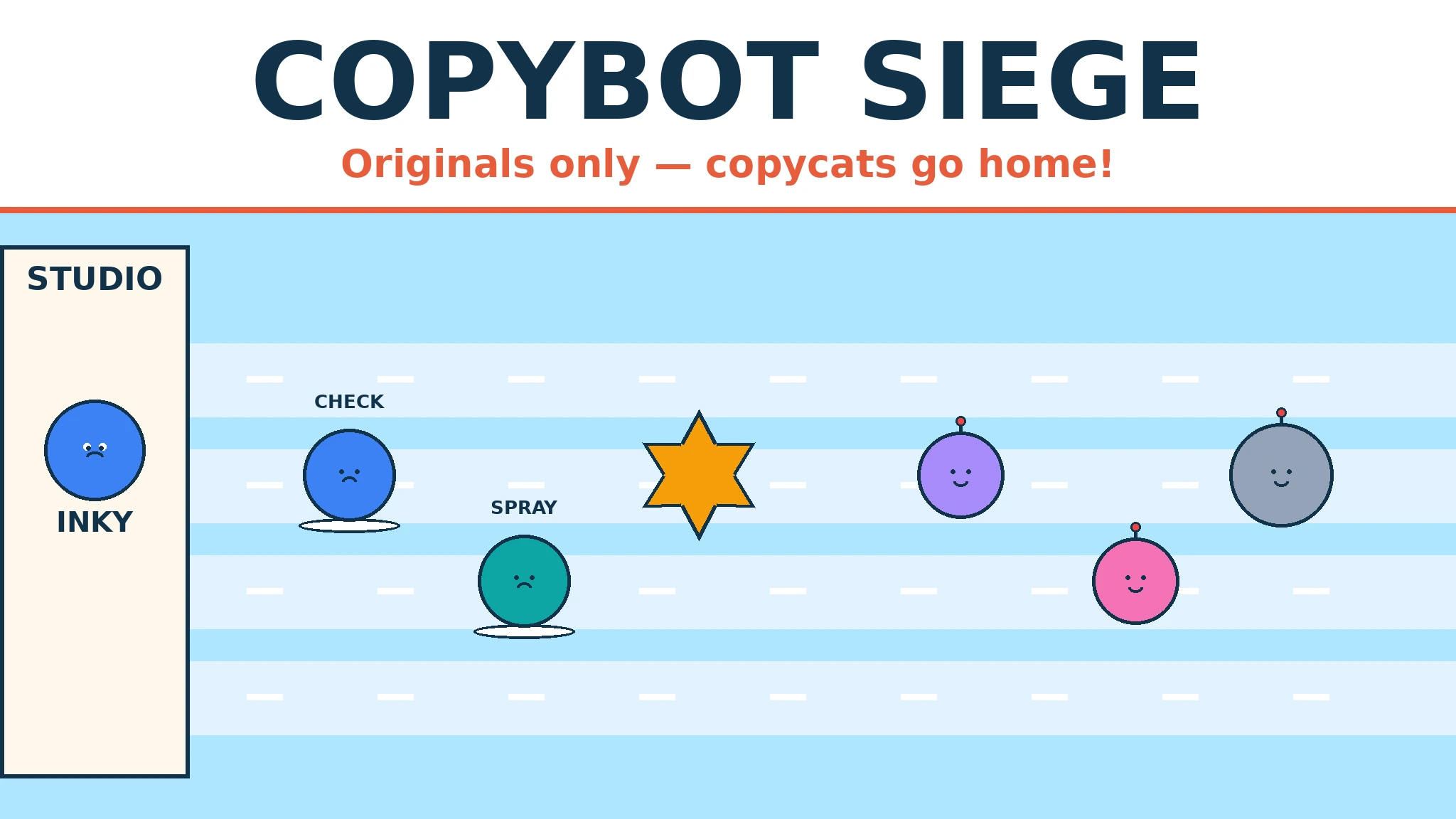 Bright flat-vector lane-defense scene: a blue ink-drop mascot guards a studio while original defenders face marching purple, pink and grey copybot clones.