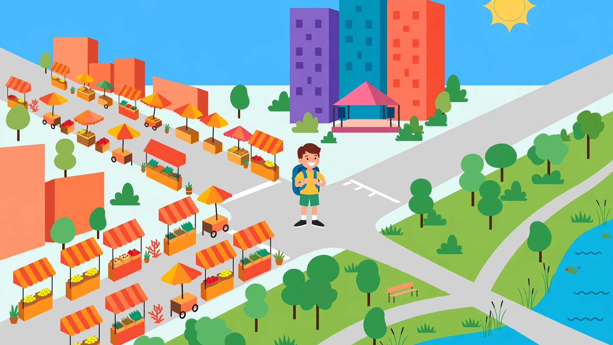 Flat vector illustration of a smiling young character with a blue backpack standing at a city crossroads between colorful market stalls on the left, tall purple, teal and orange apartment blocks with a pink music stage behind, and a green riverside park with a river on the right, under a bright blue sky and yellow sun.