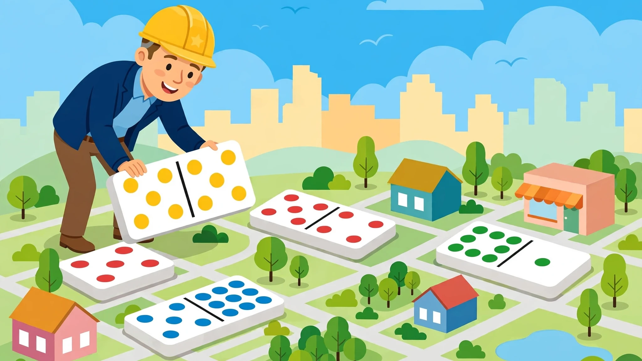 Flat vector illustration of a cheerful mayor in a yellow hard hat placing giant white domino tiles with colored dots across a colorful city district map with houses, trees, streets and shops under a blue sky.