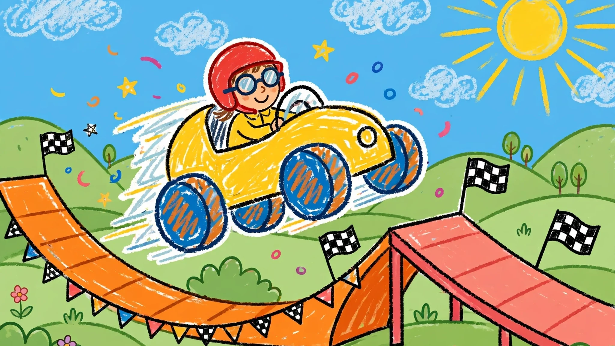 A yellow hand-drawn doodle race car with big blue wheels and a smiling driver in a red helmet speeding over orange and red stunt ramps with checkered flags under a bright sun and blue sky