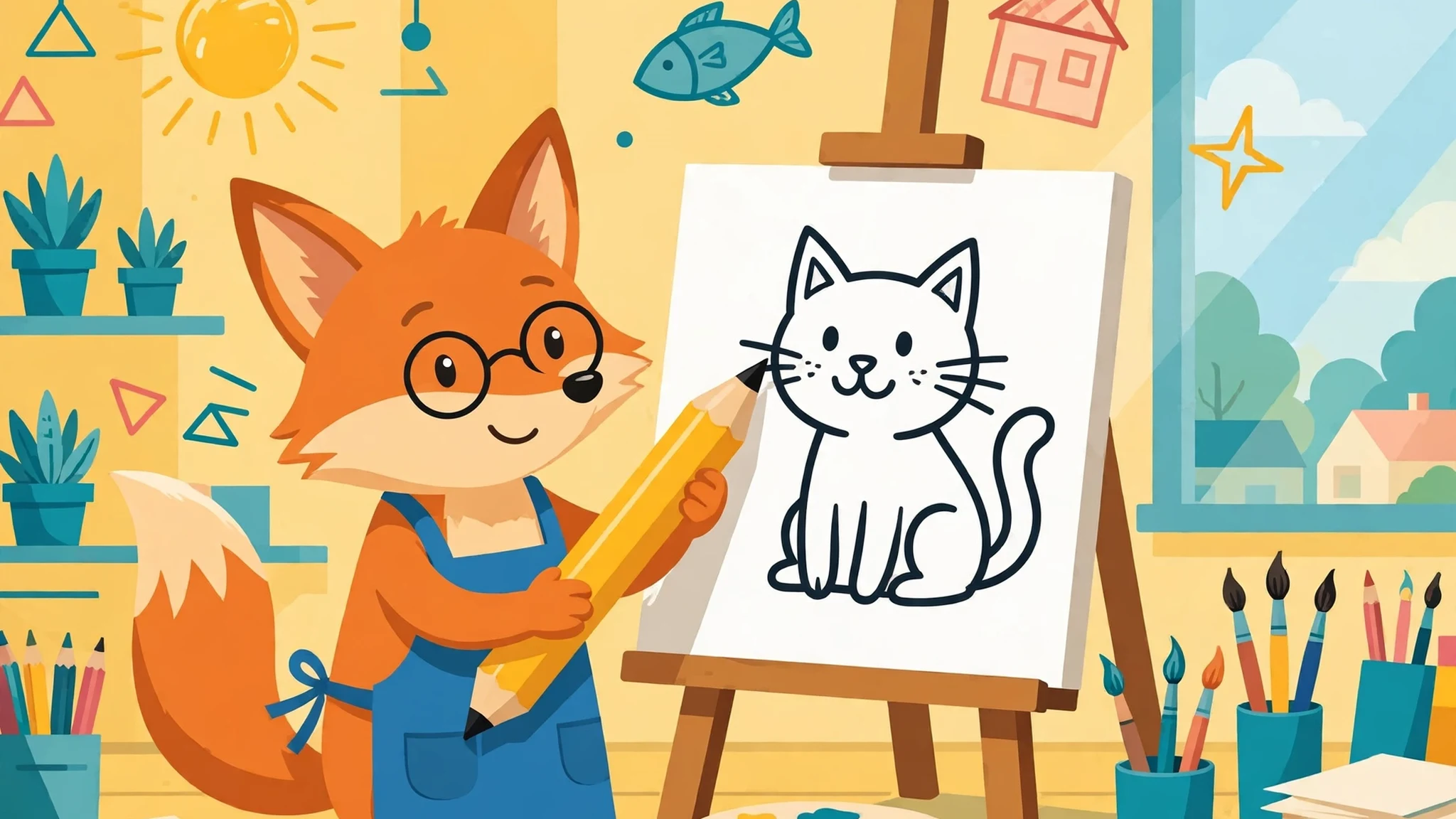 A cheerful orange fox artist in a blue apron drawing a big cat doodle with a giant yellow pencil on an easel, surrounded by sun, fish, house and star doodles in a sunny art studio