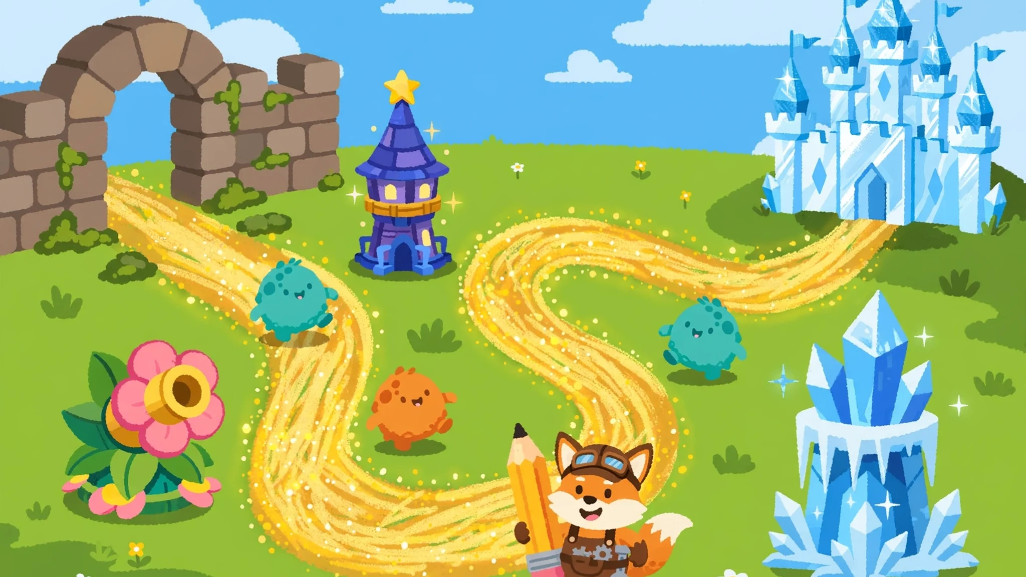 A smiling fox engineer holding a giant pencil beside a winding golden path, with cute round monsters walking it, colorful flower, star and ice towers beside the road, a stone gate on the left and a blue crystal castle on the right under a sunny sky.