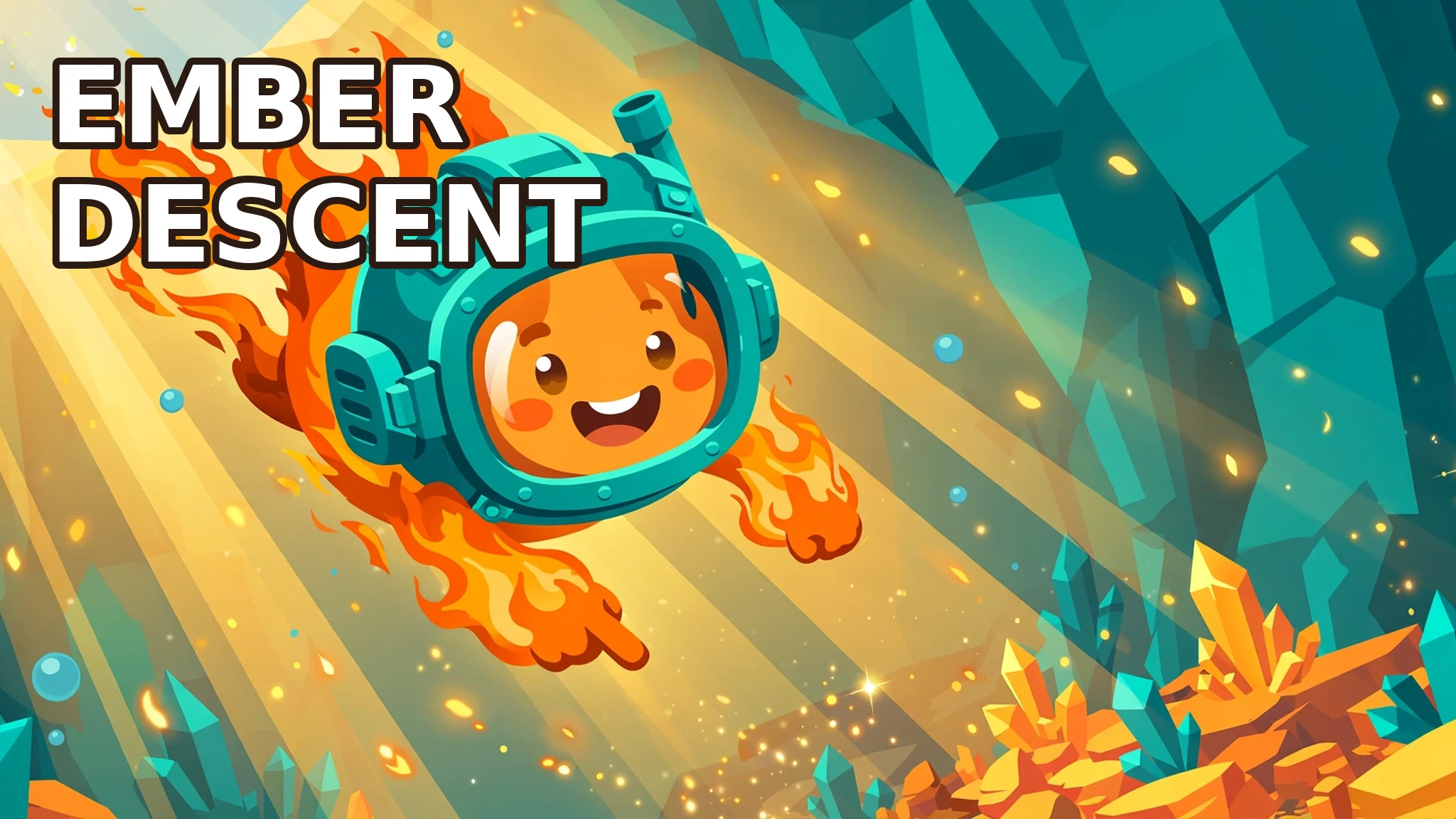 Flat vector illustration of Pip, a cheerful flame diver in a teal helmet, diving through a bright cavern of teal crystals and golden light with the title Ember Descent