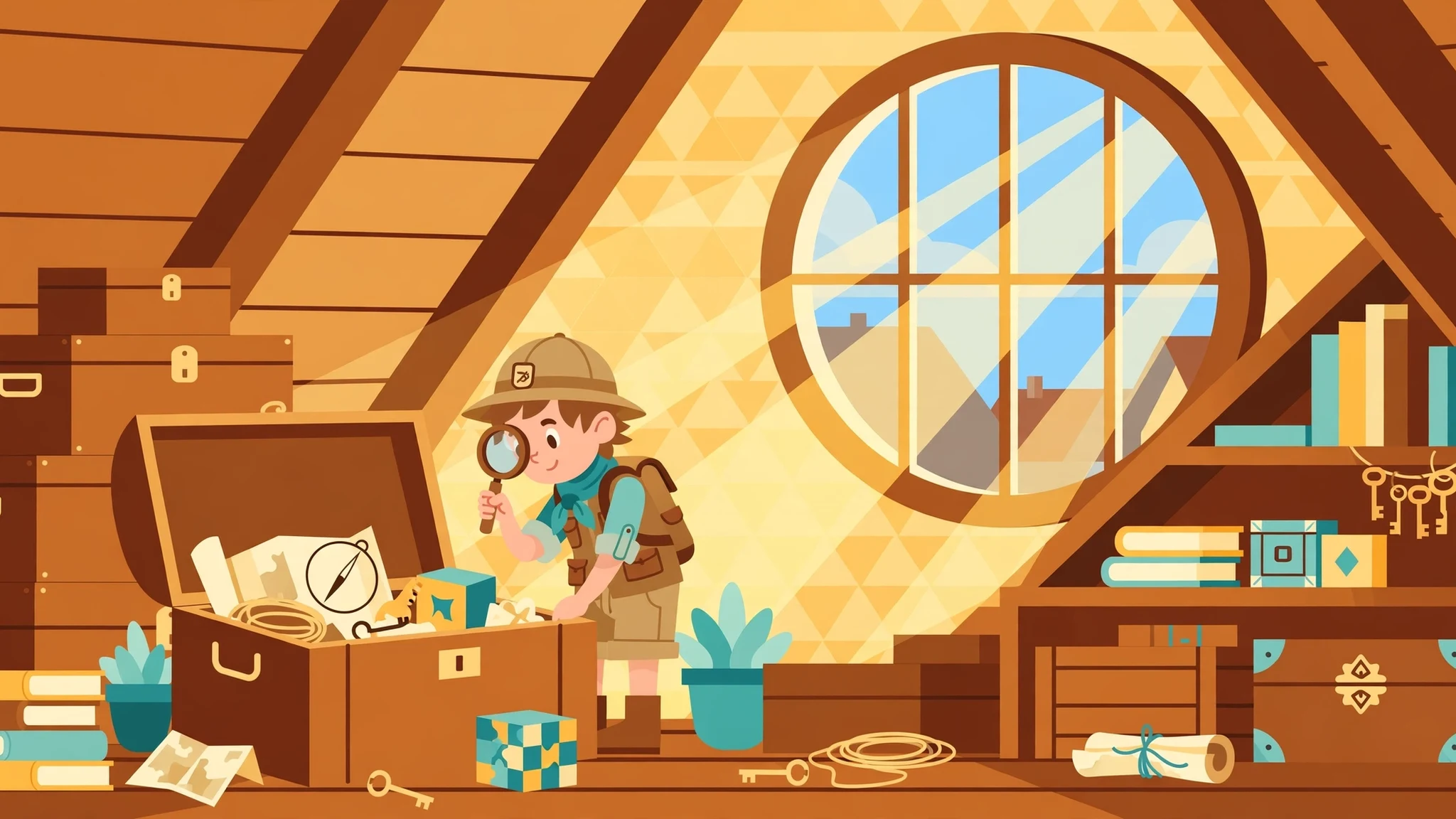 Flat vector illustration of a sunny attic with wooden trunks, puzzle boxes, old keys, bookshelves and a curious explorer with a magnifying glass beside an open trunk
