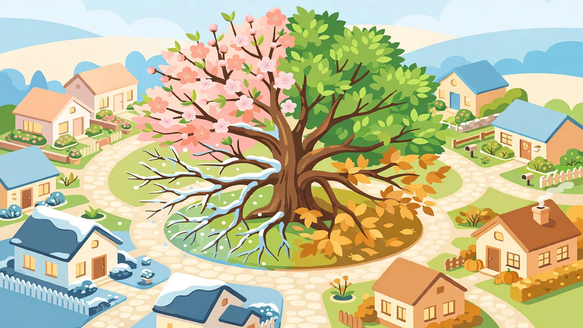 Everylife — a storybook neighborhood around a great tree shown in four seasons