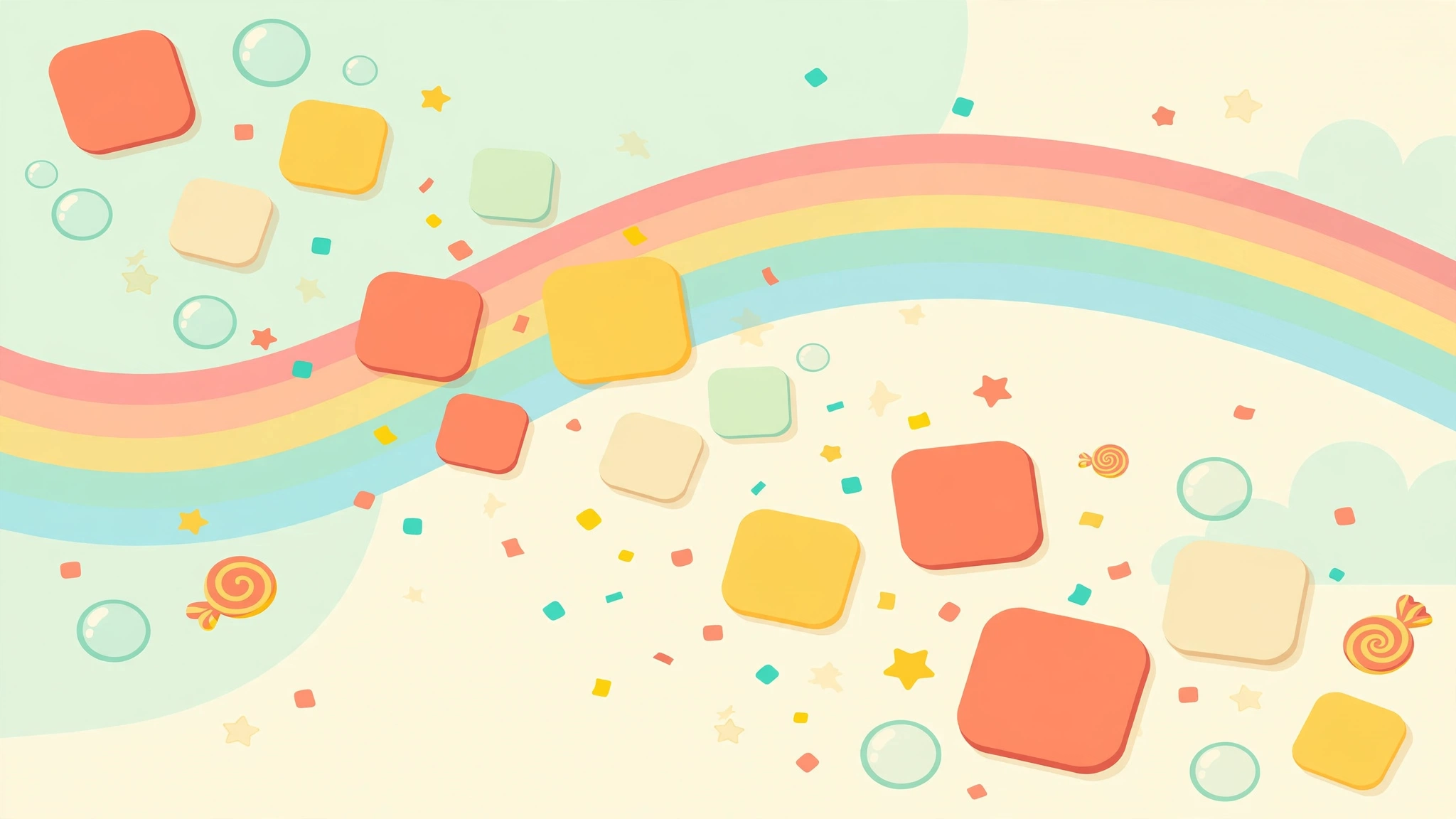 Five Letter Frenzy — candy-colored letter tiles drifting under a rainbow