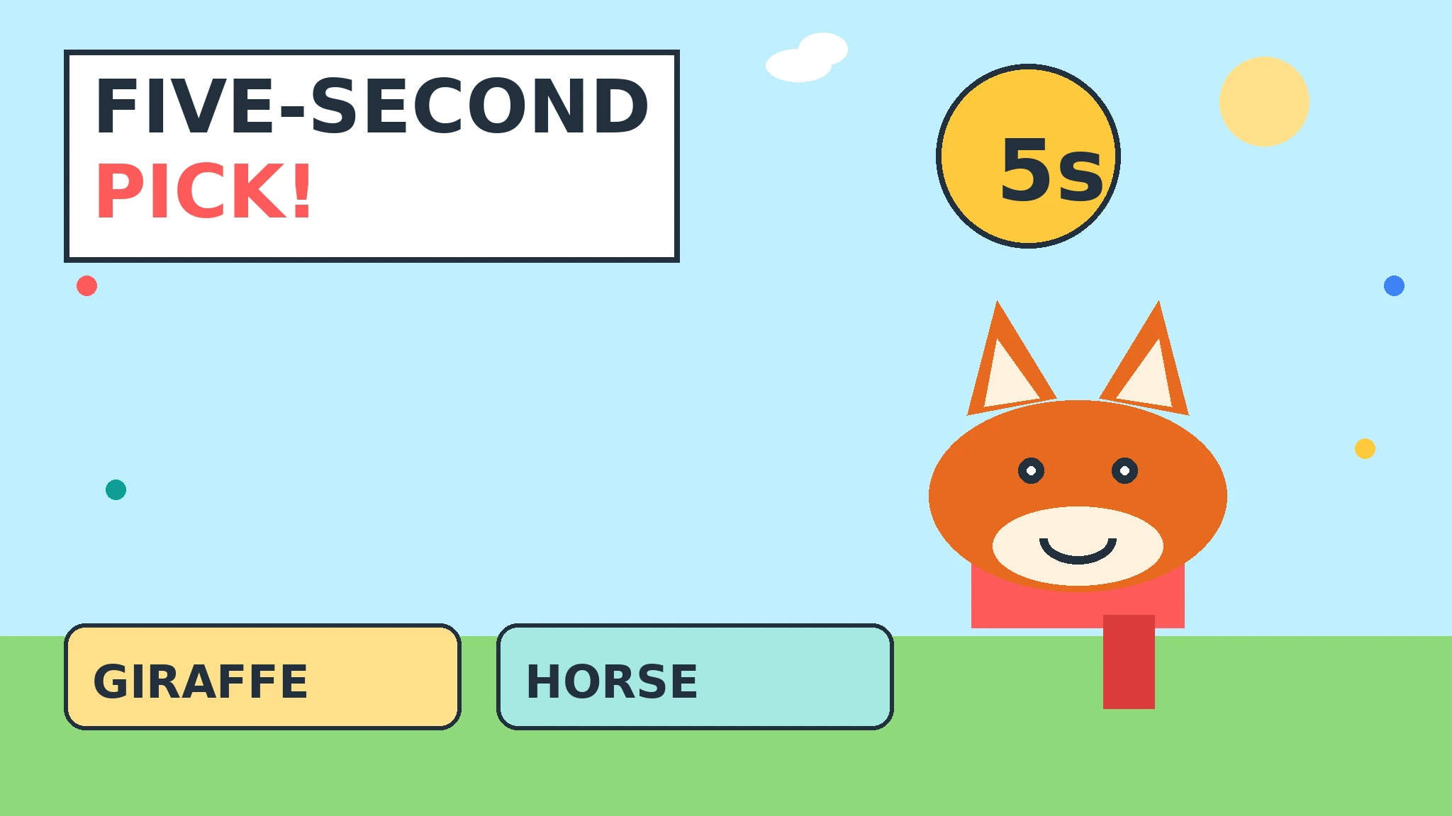 Flat vector illustration of Pip, a cheerful orange fox in a red scarf, between two big answer buttons under a giant five-second timer, on a bright yellow and sky-blue background