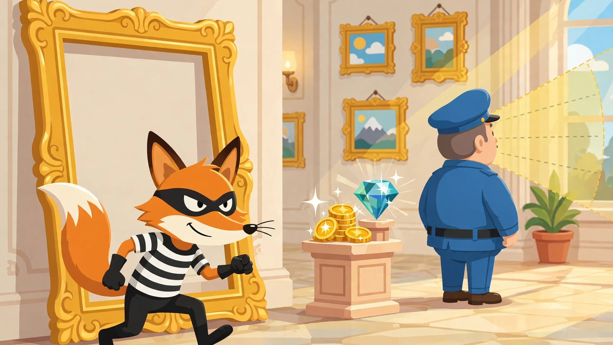 A sly orange fox thief in a mask tiptoeing through a sunny museum gallery while a friendly guard looks the other way, with gold coins and a sparkling gem on a pedestal