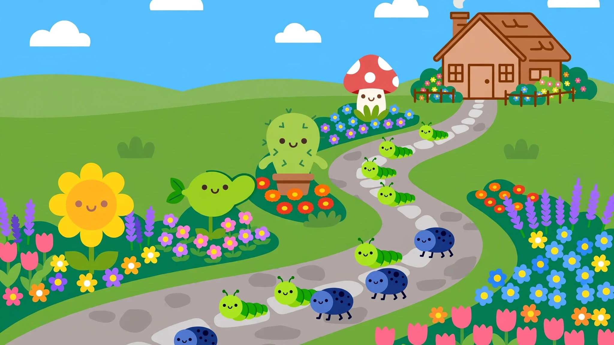 A bright flat-vector garden scene with a winding stone path leading to a cottage, a smiling sunflower, pea sprout, cactus and mushroom plant defenders standing in flower beds beside the path, and cheerful green caterpillars and blue beetles marching along it.