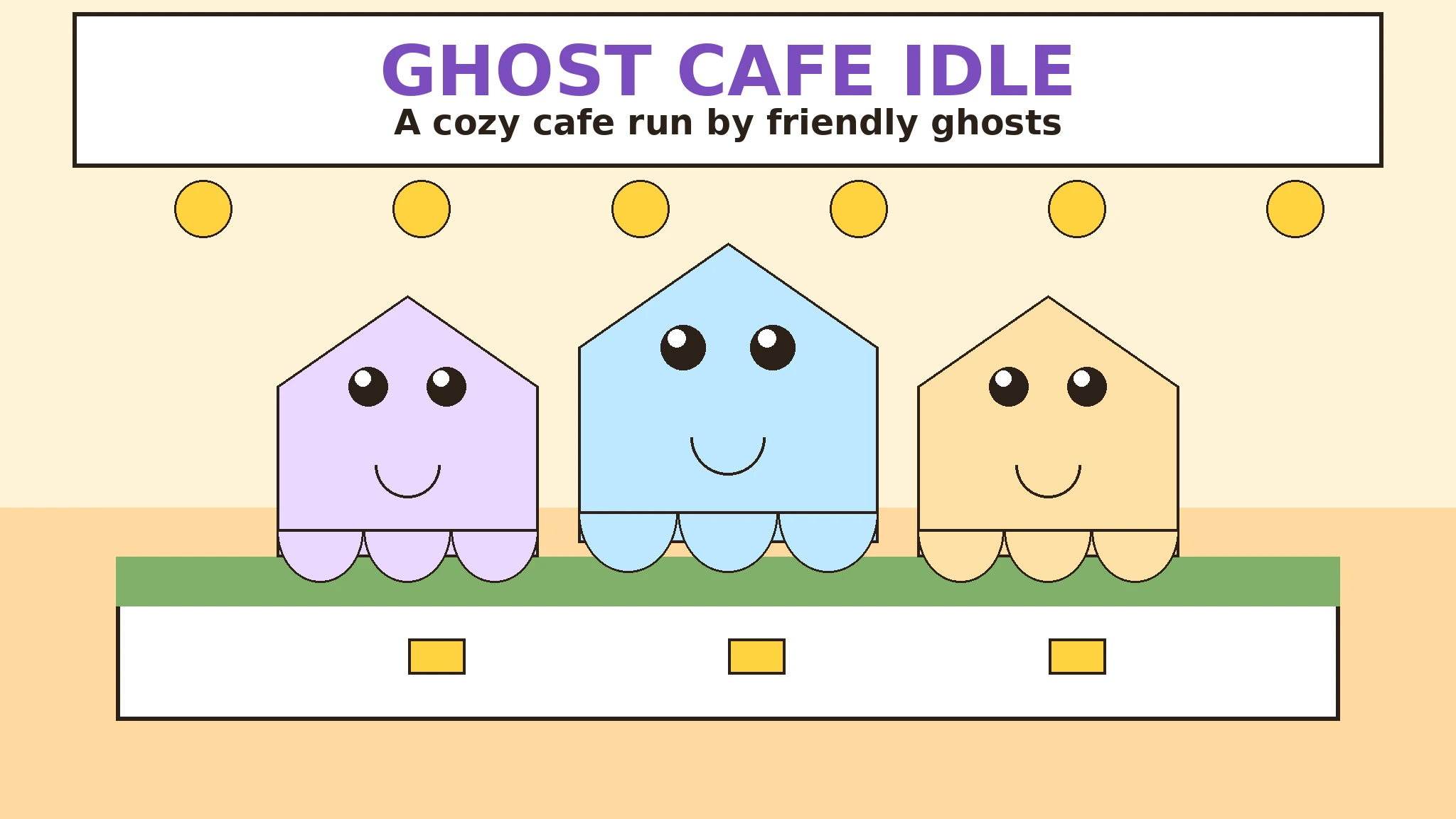 Ghost Cafe Idle cover art showing three friendly cartoon ghosts behind a bright cafe counter