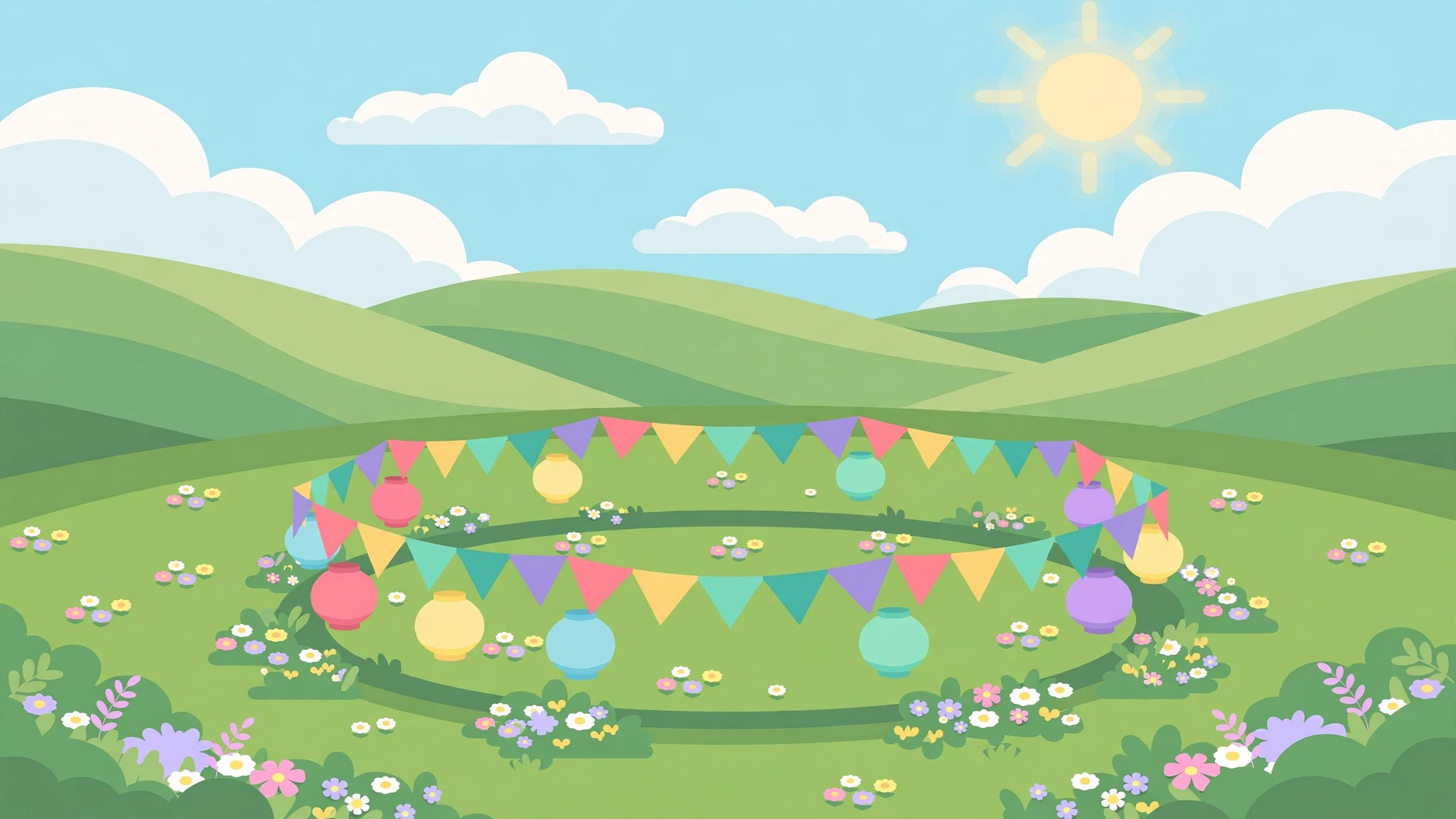 Ghost Duel — a sunny meadow ringed with festival bunting and balloons