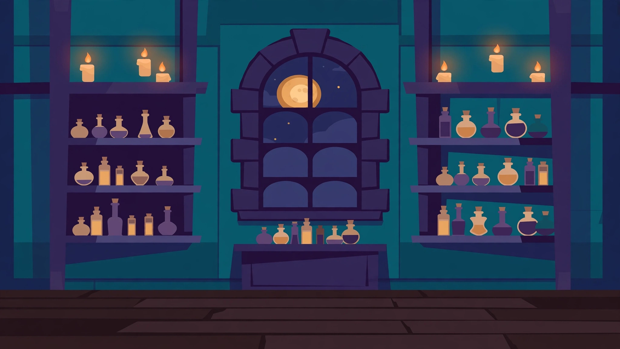 Ghost Sort — a moonlit potion atelier with shelves of glowing flasks