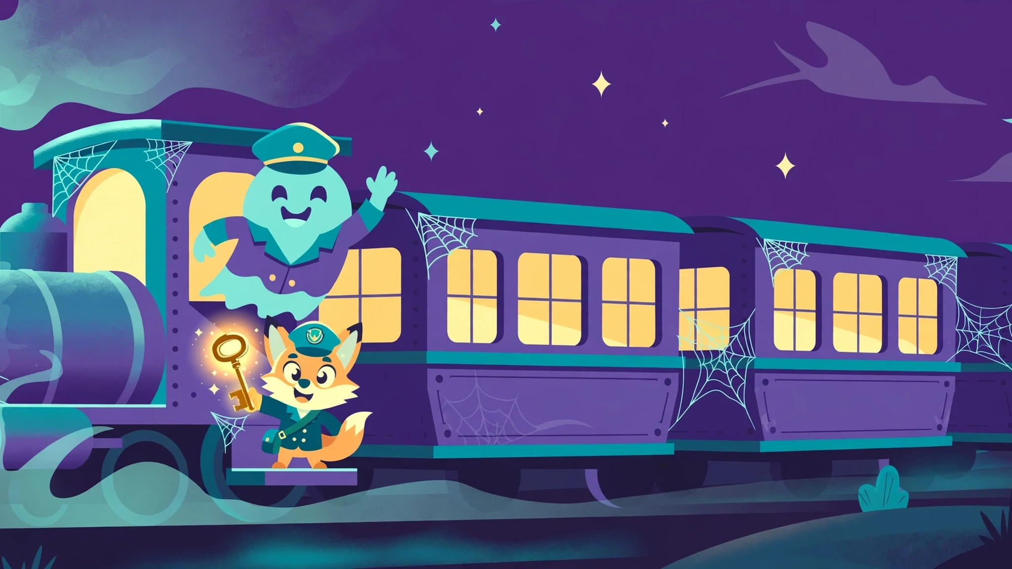 A friendly ghost conductor waves from a purple night train with glowing yellow windows and cobwebs, while a fox in a teal conductor cap holds up a glowing brass key.