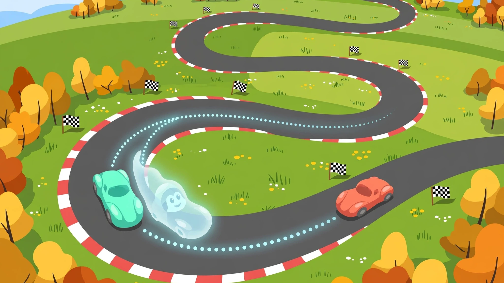 A mint-teal race car chases a friendly translucent ghost race car leaving a dotted glowing racing line around a winding track through sunny autumn meadows, with checkered flags and red-and-white curbs.