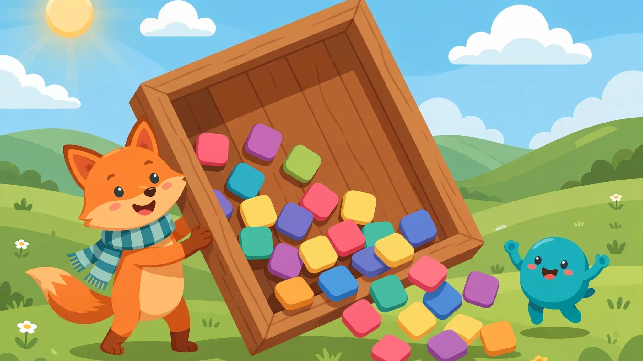 A cheerful orange fox in a striped scarf tilting a big wooden arena board so blank colorful tiles tumble to one side, with a small teal round sprite cheering beside it under a sunny sky