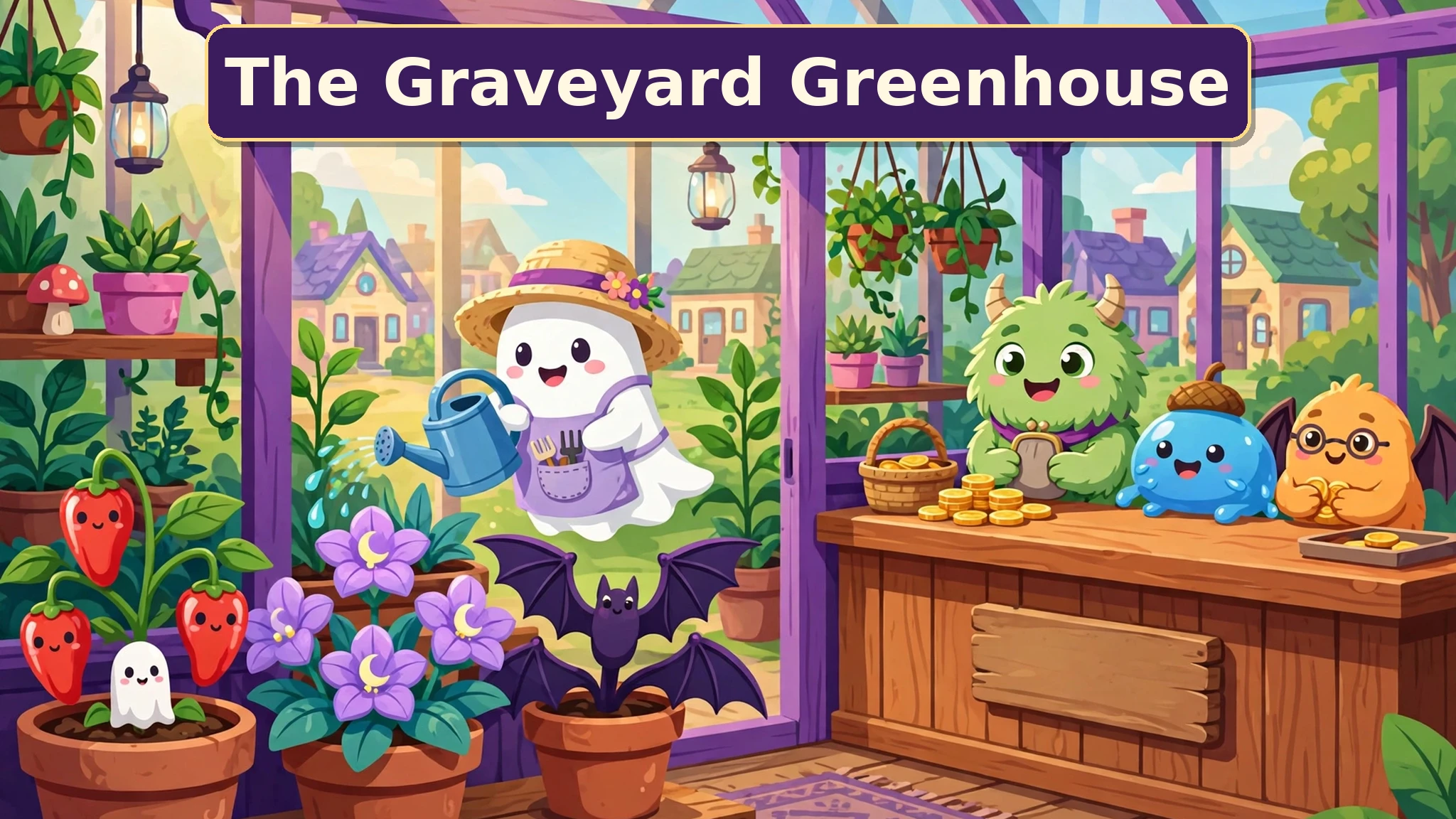 Marnie the ghost gardener waters glowing moonblooms in a sunny greenhouse while happy monster customers wait at a wooden shop counter with coins and spooky-cute plants.