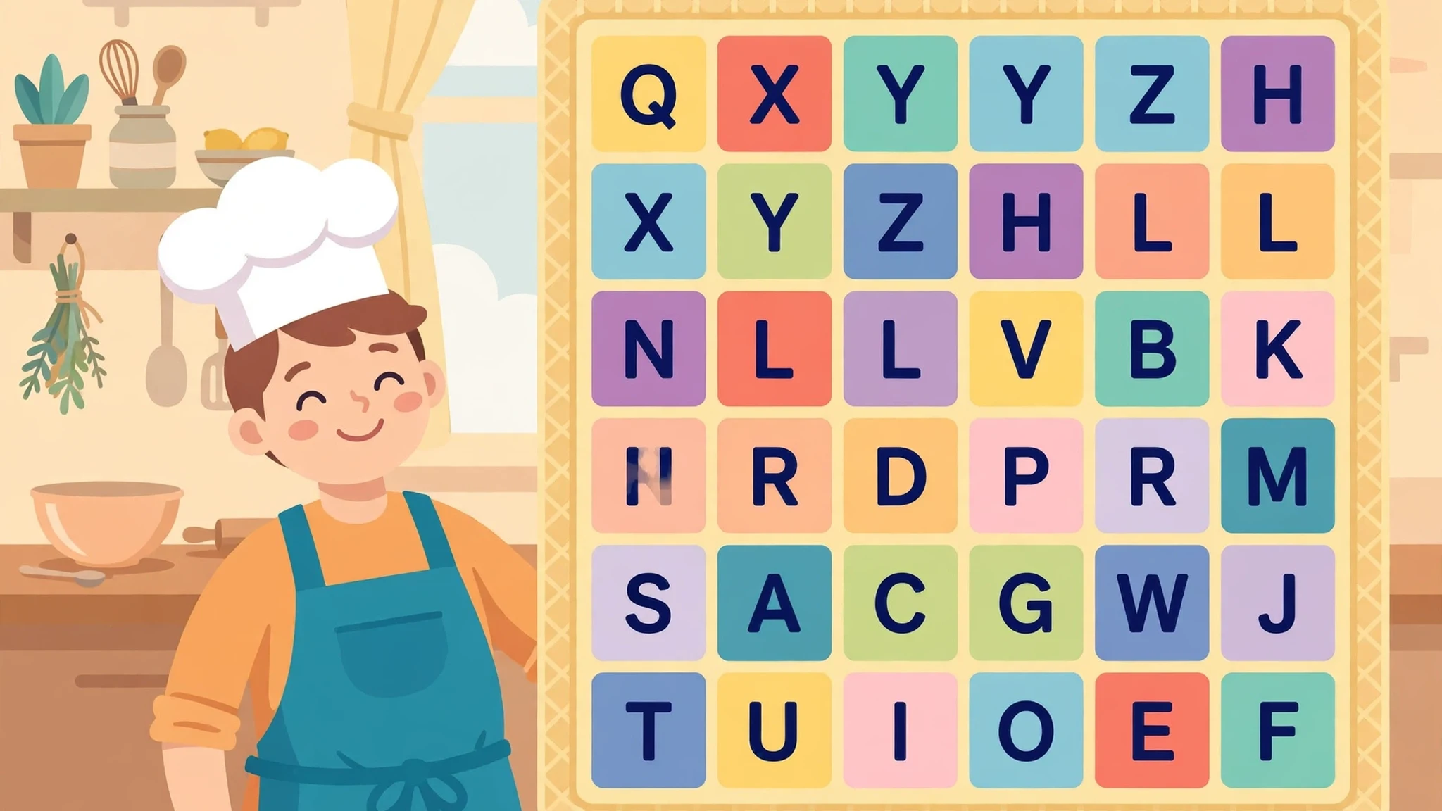 Flat vector illustration of a cheerful chef in an apron and chef hat beside a large waffle-shaped grid of colorful letter tiles in a bright kitchen
