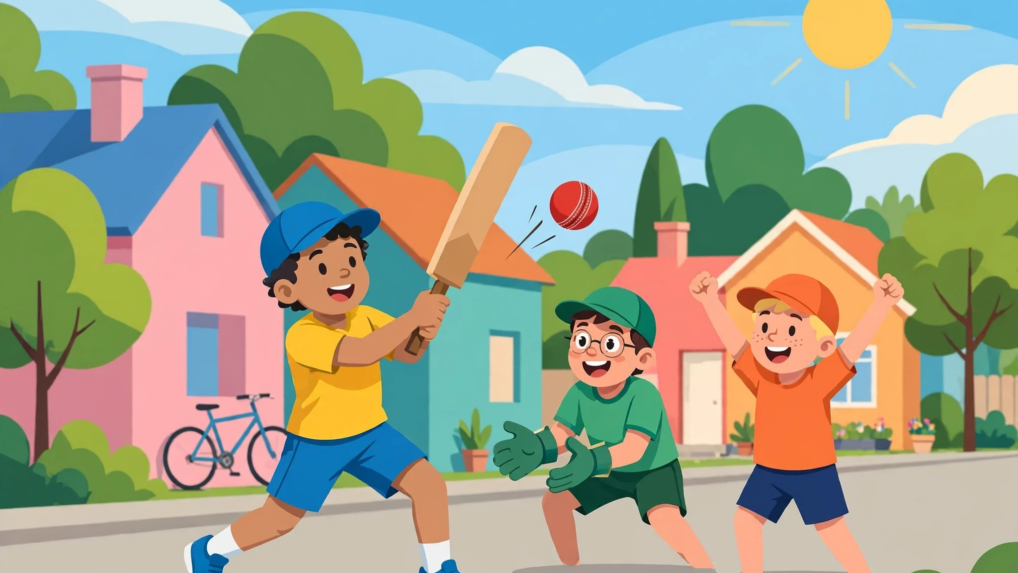 Flat vector cover art of a smiling street-cricket batter in a yellow jersey and blue cap swinging a bat at a red ball on a sunny neighborhood lane, with two cheering teammates and colorful houses behind.