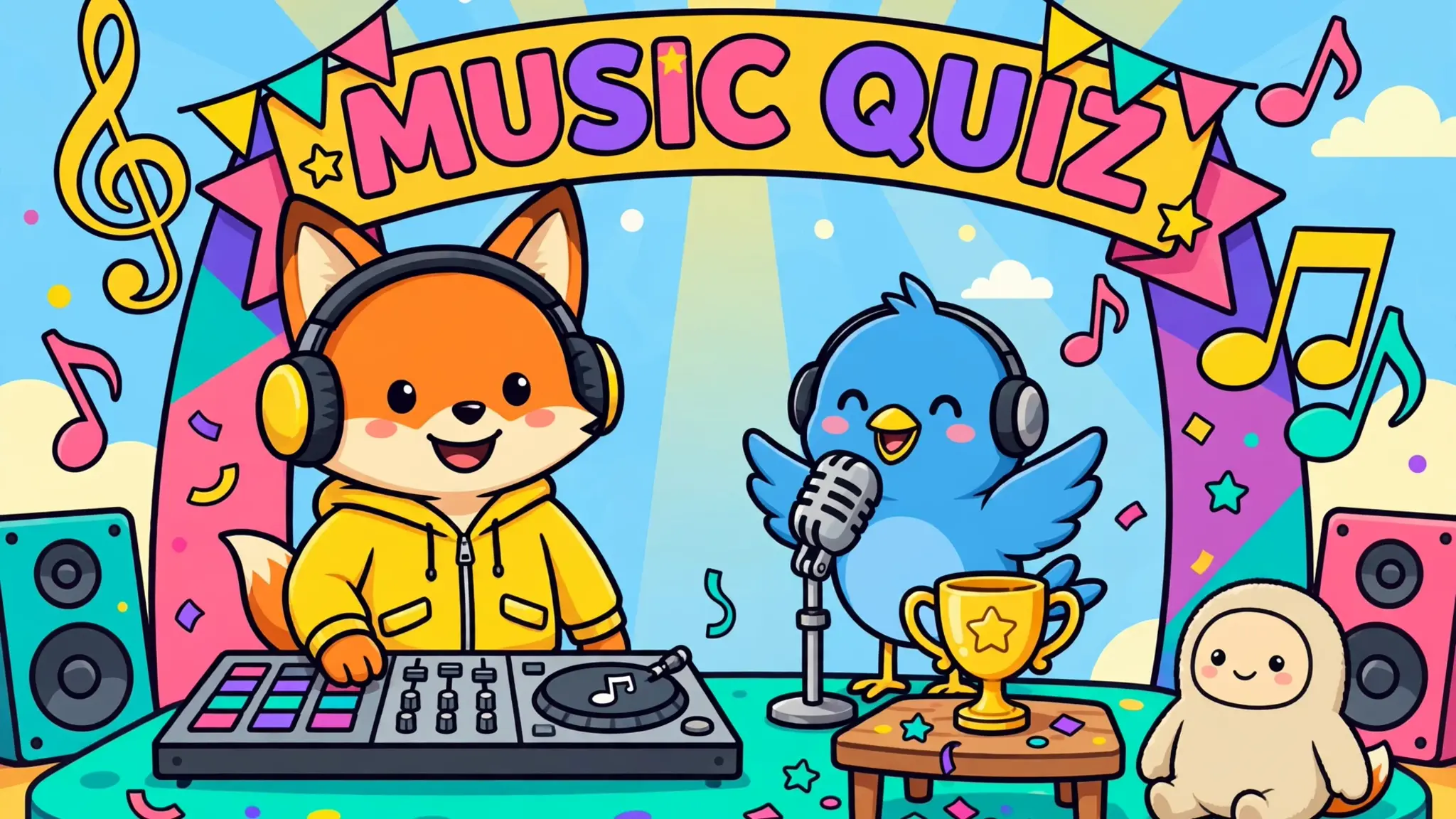 Flat vector cover art of a smiling orange fox DJ in headphones and a yellow jacket at a mixing desk beside a blue singing bird with a microphone, a golden trophy, musical notes, and a yellow Music Quiz banner under a bright blue sky
