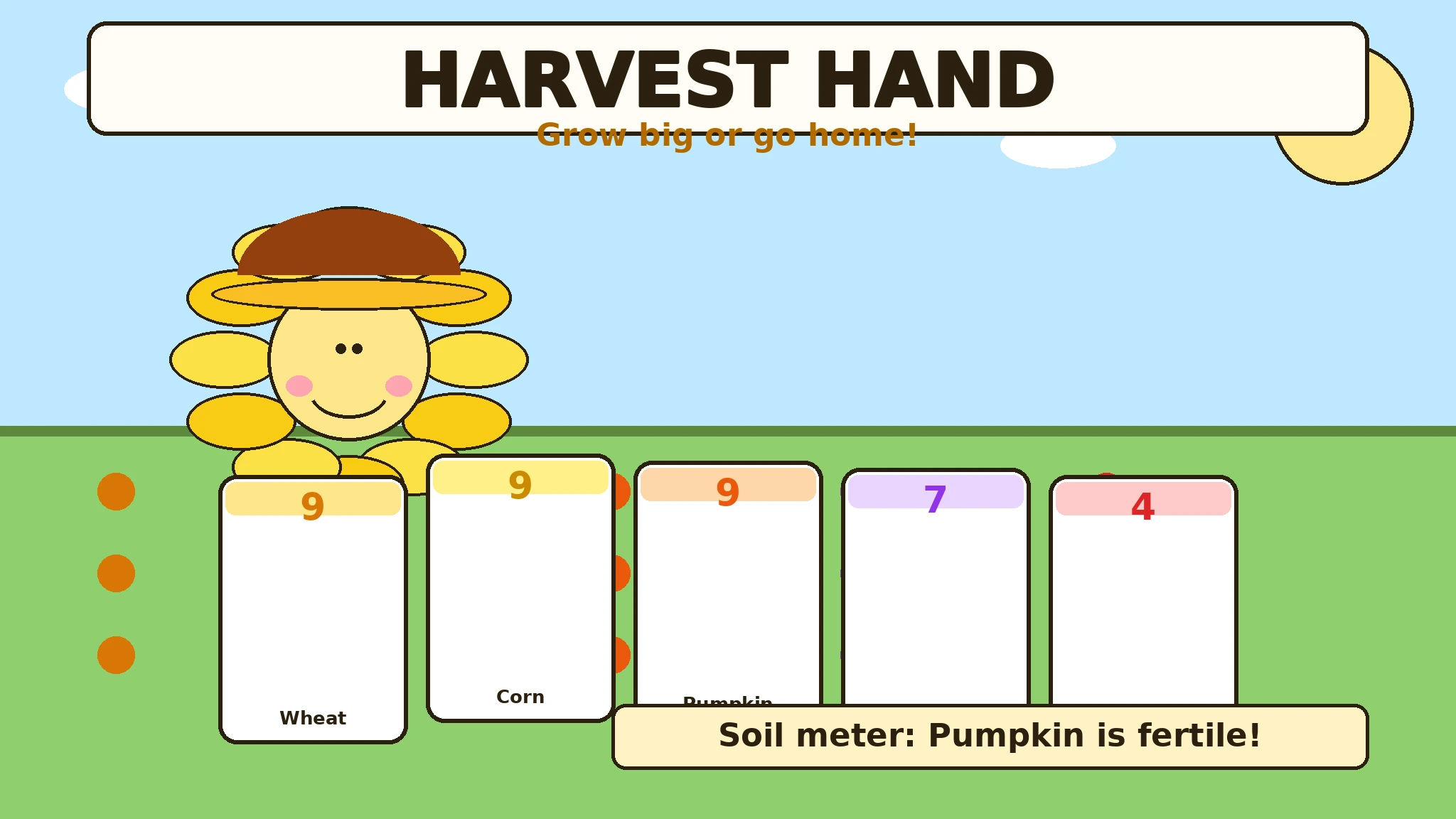 Flat vector illustration of Sunny, a cheerful sunflower farmer in a straw hat, holding a fanned hand of colorful crop cards above a sunny farm field with wheat, corn, pumpkins, berries and carrots.