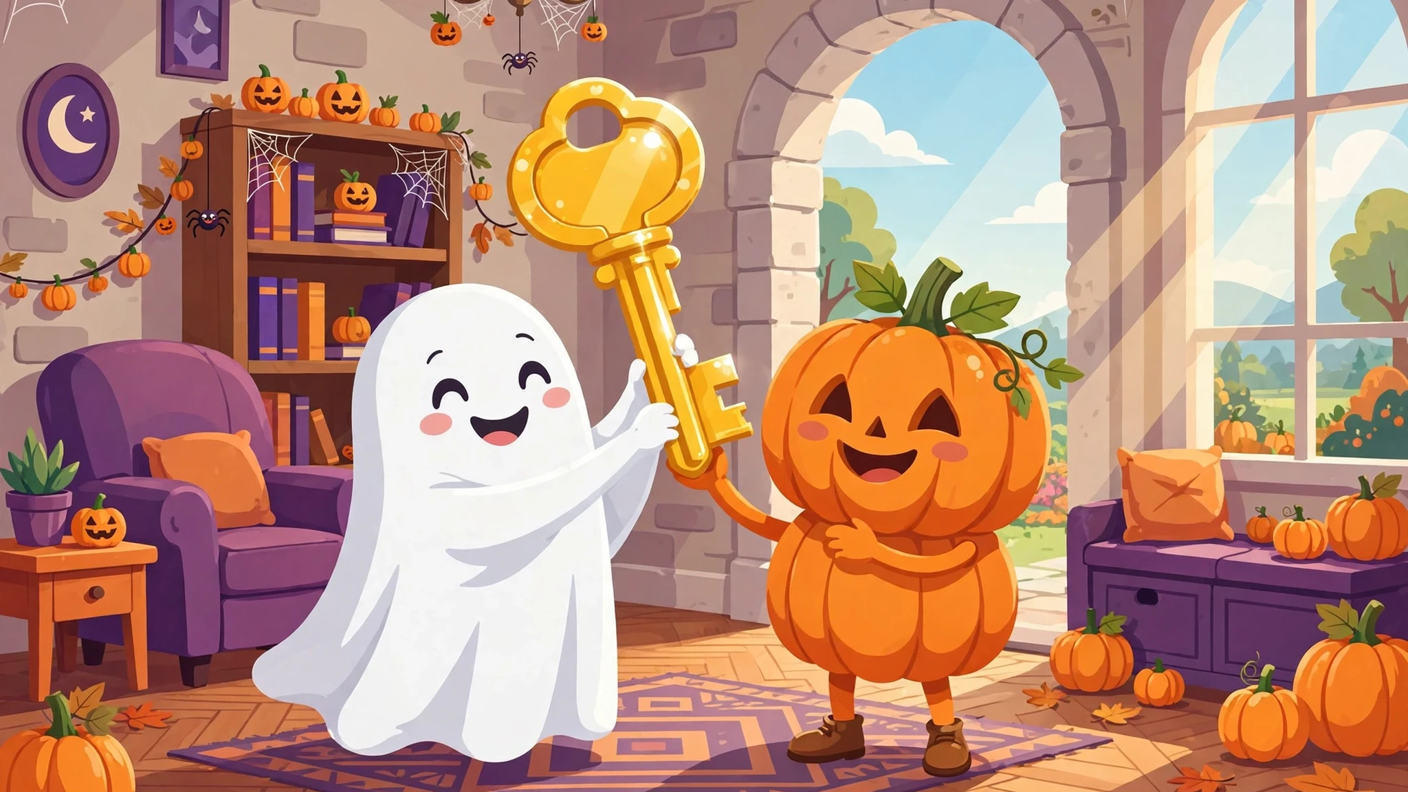 A smiling white ghost and a smiling pumpkin character holding up a big golden key together in a sunny haunted house room with purple furniture and pumpkin decorations.