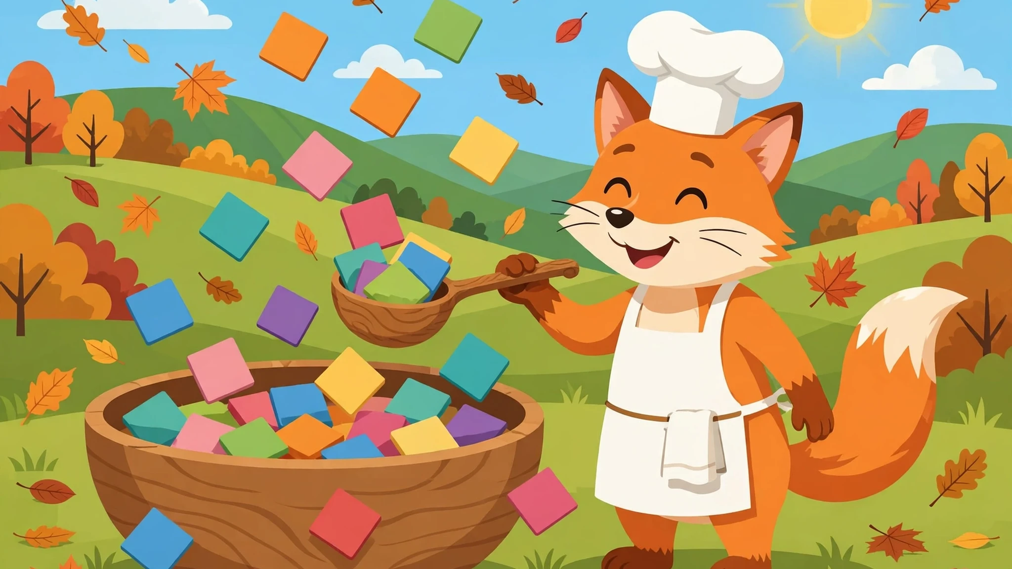 A cheerful fox chef in a white apron and chef hat scooping colorful blank letter tiles into a large wooden bowl in a sunny autumn field