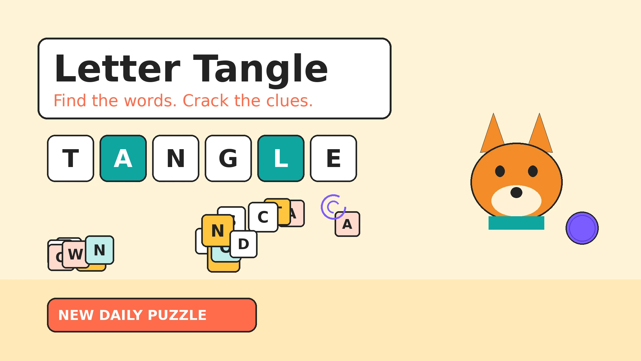 Flat vector illustration of Tilly the orange fox beside big letter tiles spelling TANGLE, with scattered letter tiles and purple tangle swirls on a warm cream background.