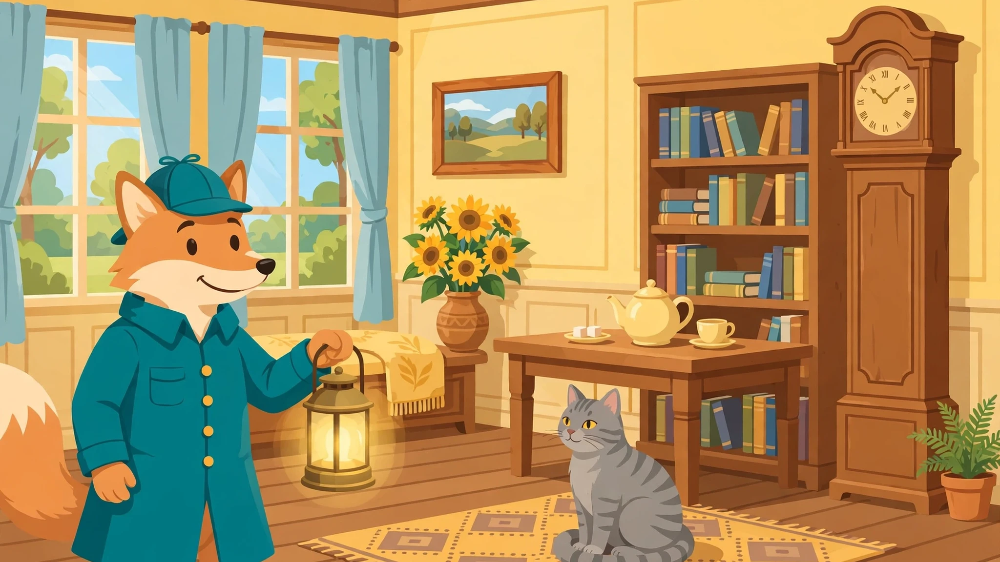 Flat vector cover of a bright manor living room with a fox detective in a teal coat holding a glowing lantern, a grey cat on a patterned rug, a vase of sunflowers, a bookshelf and a tall clock.