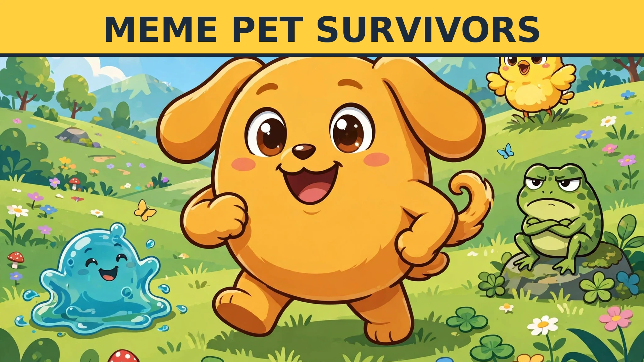 Pip the Hype Pup, a round golden-orange cartoon pet, leaping in a sunny meadow with slime buddy Bloop and spark bird Zing beside him