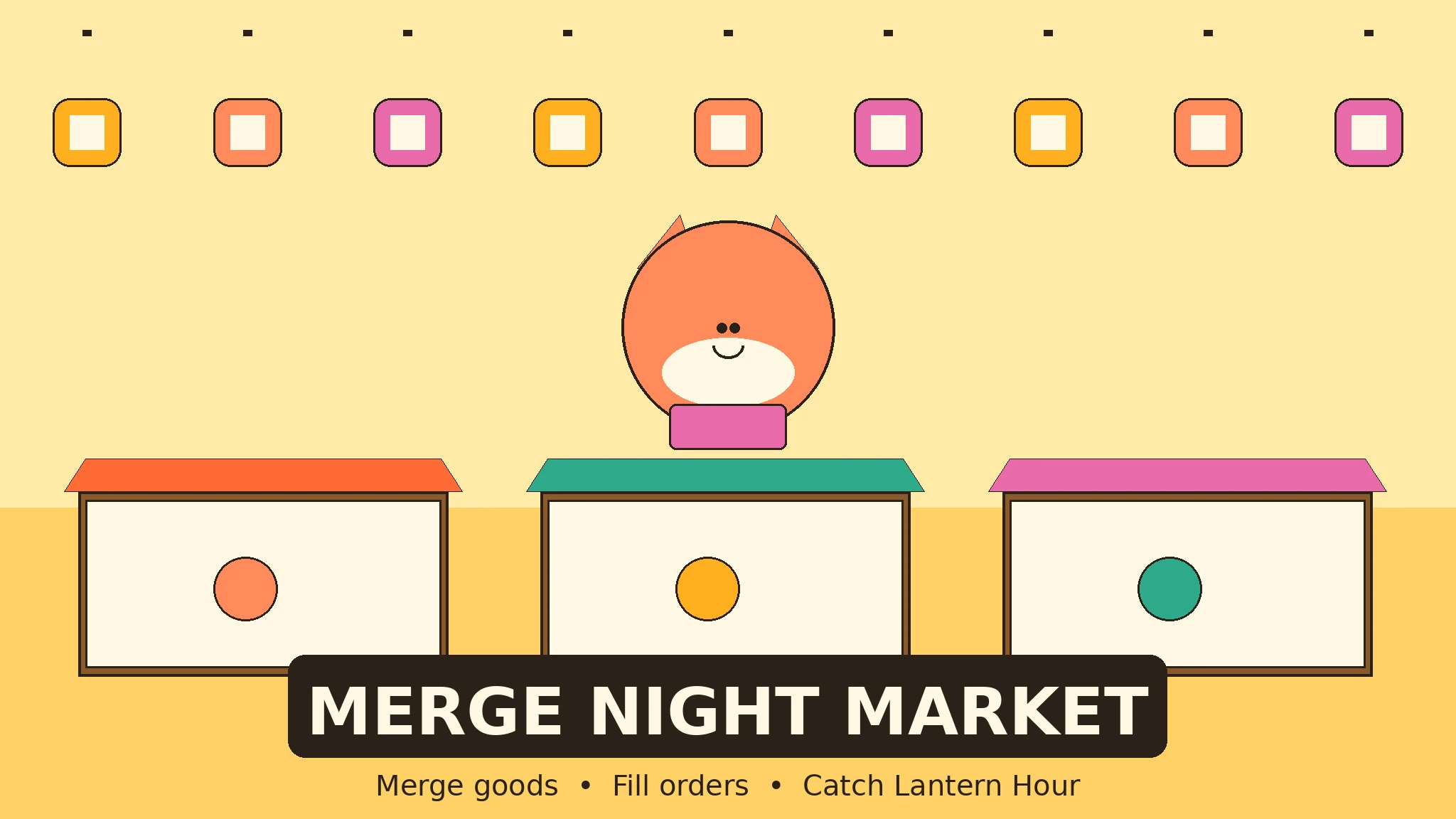 Mei the market keeper, a cheerful fox in a pink apron, beside a bright night-market stall stacked with dumplings, glowing paper lanterns, teapots, and sweets under strings of warm lanterns.