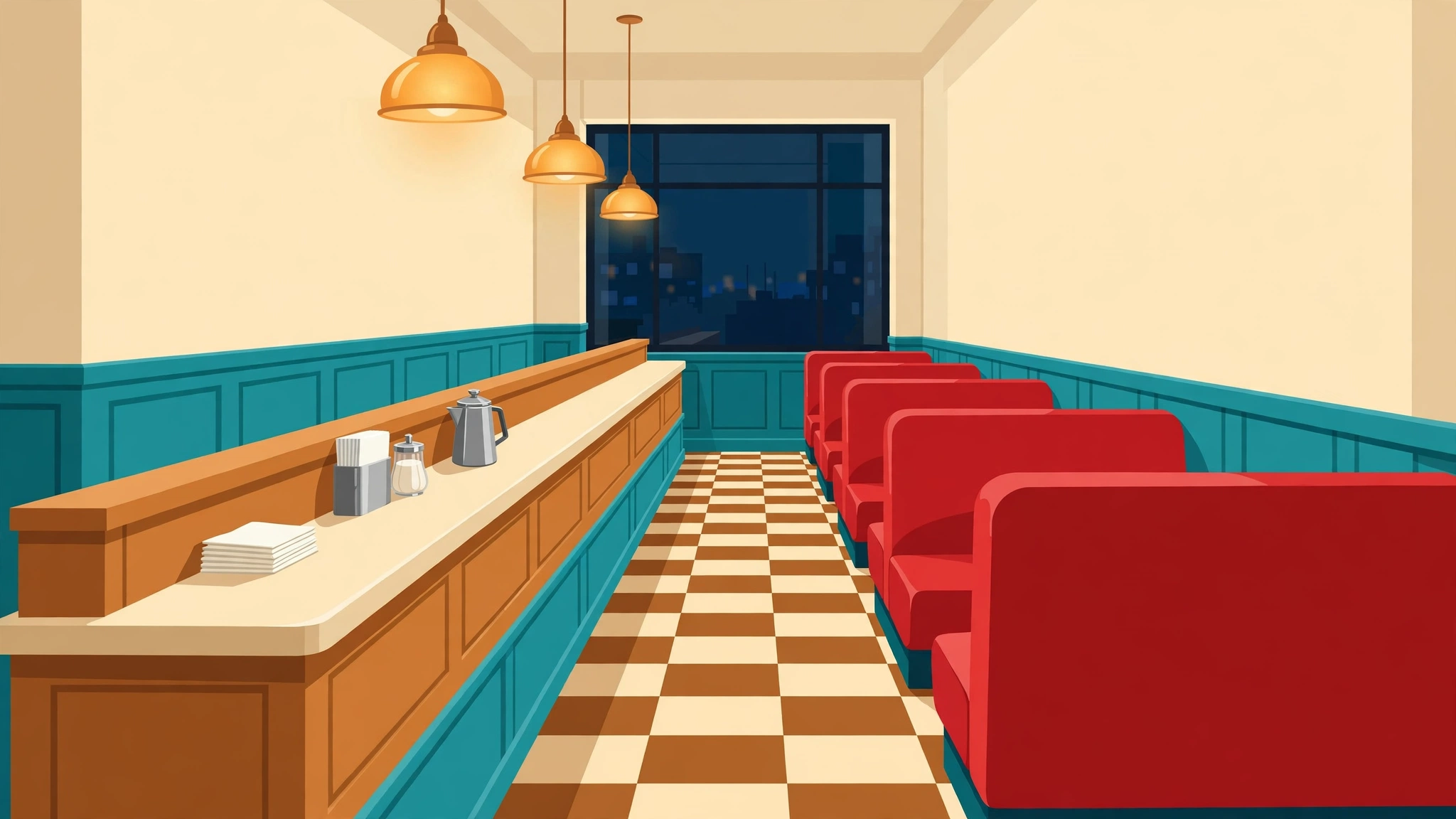 Night Shift Diner — a quiet retro diner interior at night