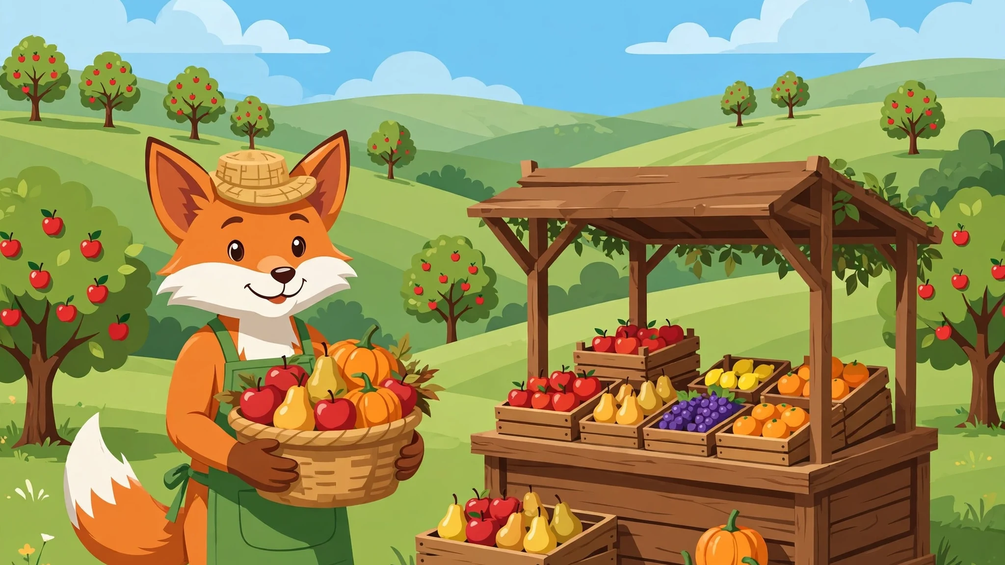 A friendly fox farmer in a straw hat and green apron holding a basket of apples, pears and pumpkins beside a wooden market stall loaded with crates of colorful fruit, with green orchard hills behind.