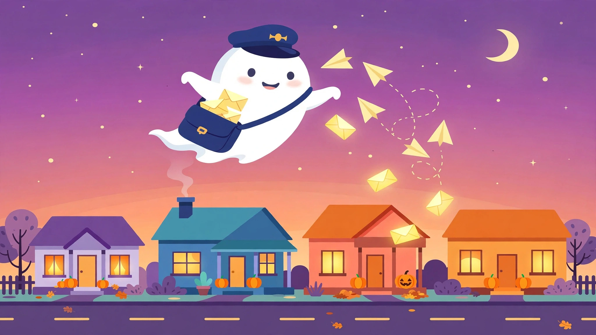 Phantom Postman — a friendly ghost postman delivering glowing letters over a twilight street