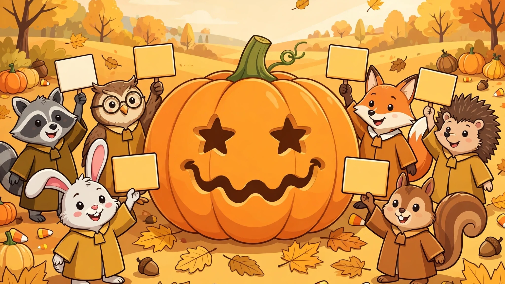 A big orange pumpkin with star eyes and a wiggly grin, surrounded by cartoon animal judges holding up blank score cards in a sunny autumn field.