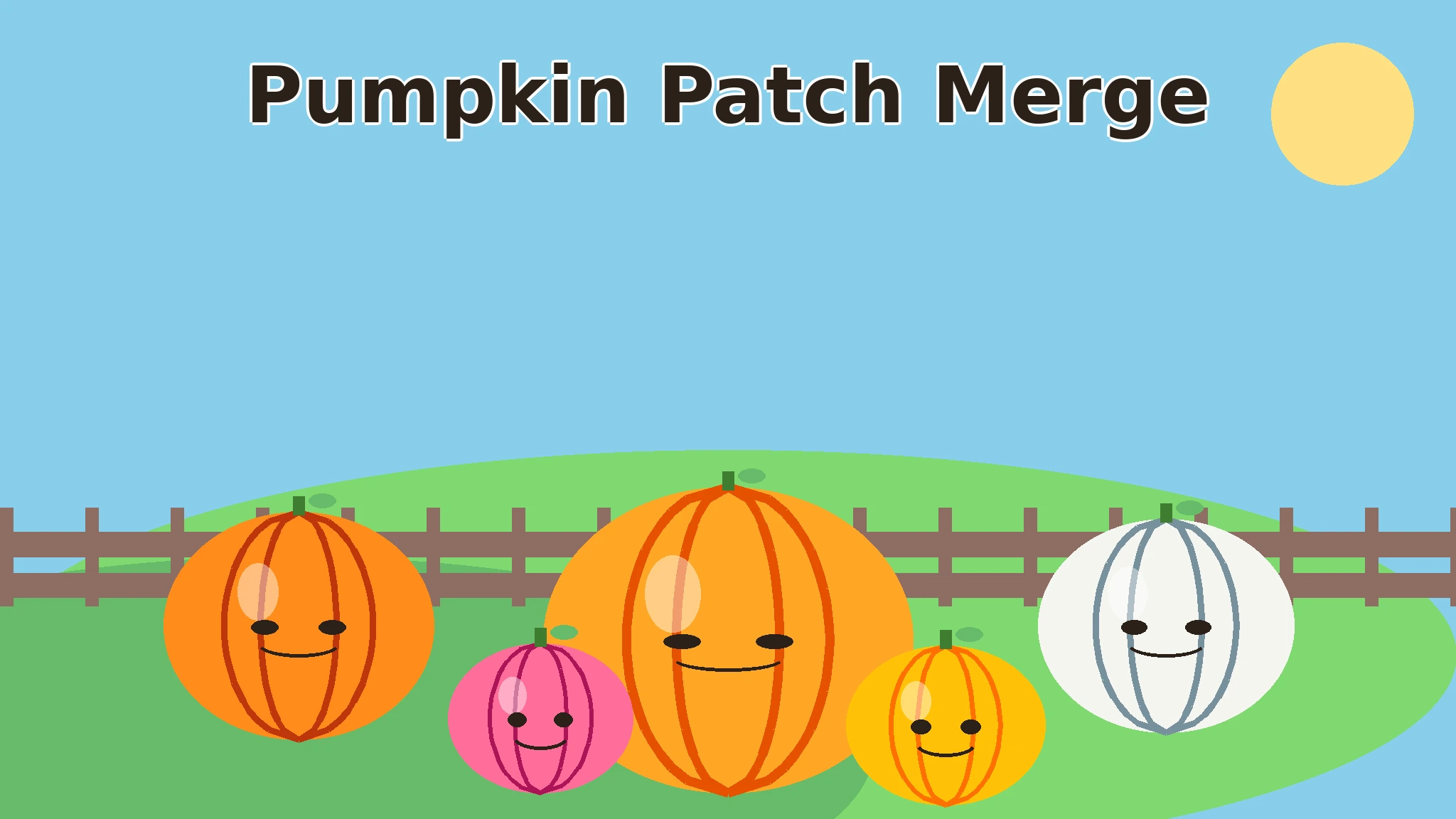 Pip the Patch Keeper, a smiling pumpkin-headed gardener, among big orange, white, pink and golden pumpkins in a bright sunny garden patch.