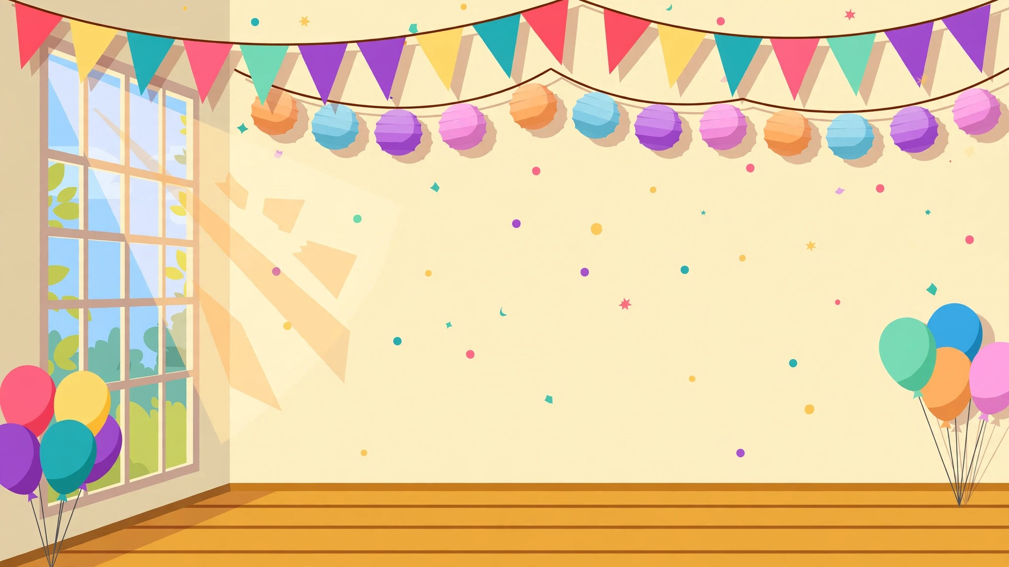 Queue Party — a party room with bunting, balloons, and confetti