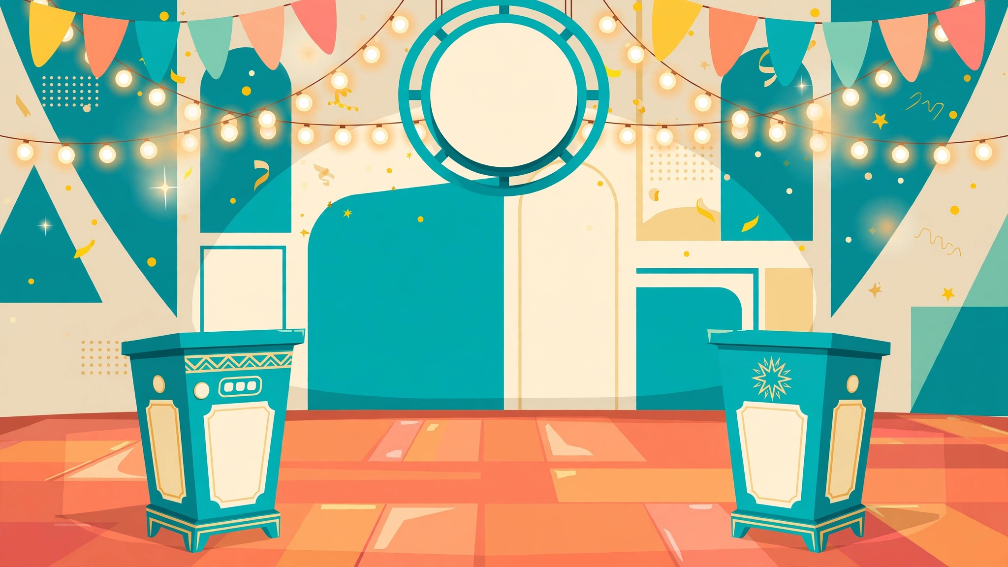 Rare Answer Rally — a festive quiz-show stage with twin podiums