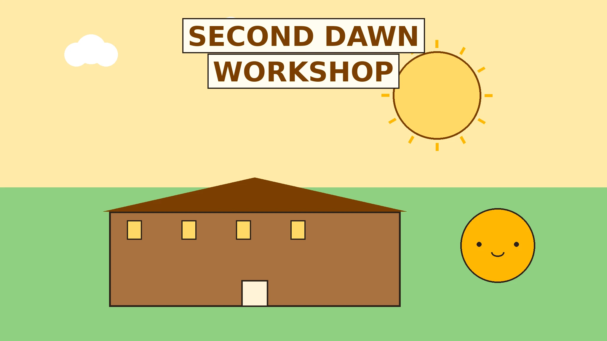 Second Dawn Workshop cover art showing a bright dawn workshop with a cheerful sun sprite and lanterns