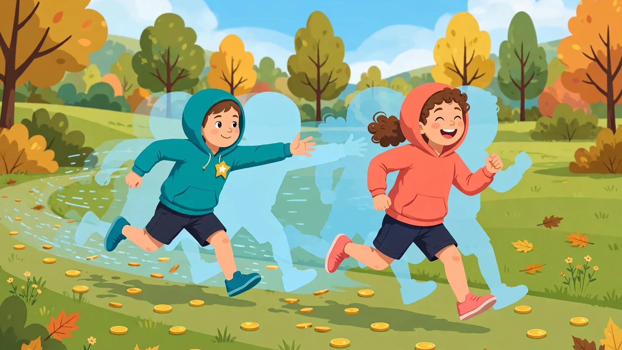 Two laughing children in teal and coral hoodies racing along a sunny park path, with light-blue shadow-trail figures behind them and gold coins scattered on the grass