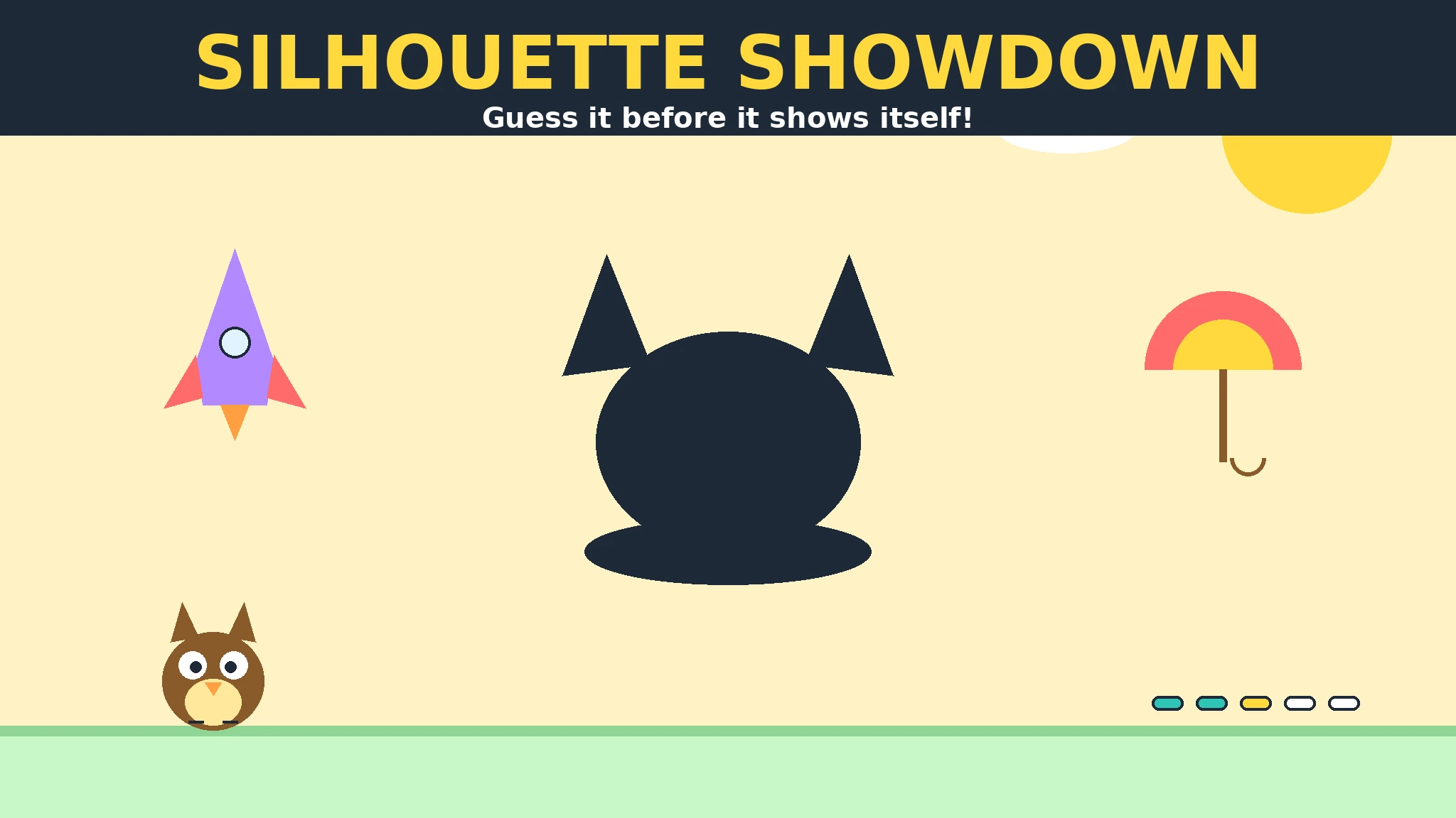 Flat vector art of Shade the spotlight owl beside a huge dark cat silhouette that is zooming out on a bright sunny stage, with the title Silhouette Showdown.