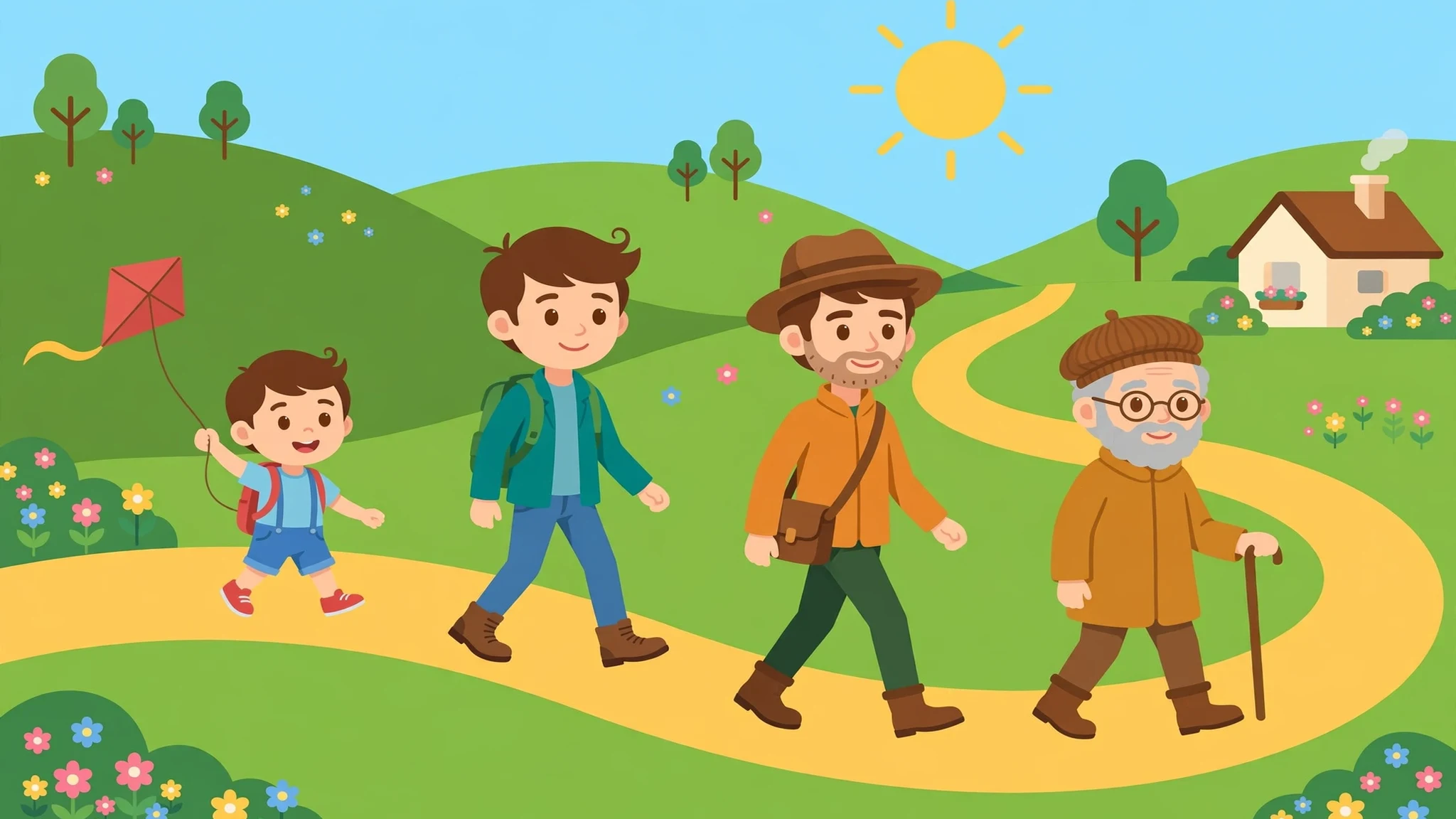 Flat vector illustration of a winding golden path across green hills, with the same character at four life stages: a small child flying a red kite, a young adult with a backpack, an adult in a brown hat, and a smiling elder with a walking stick, plus a small house and a bright sun, with no text.