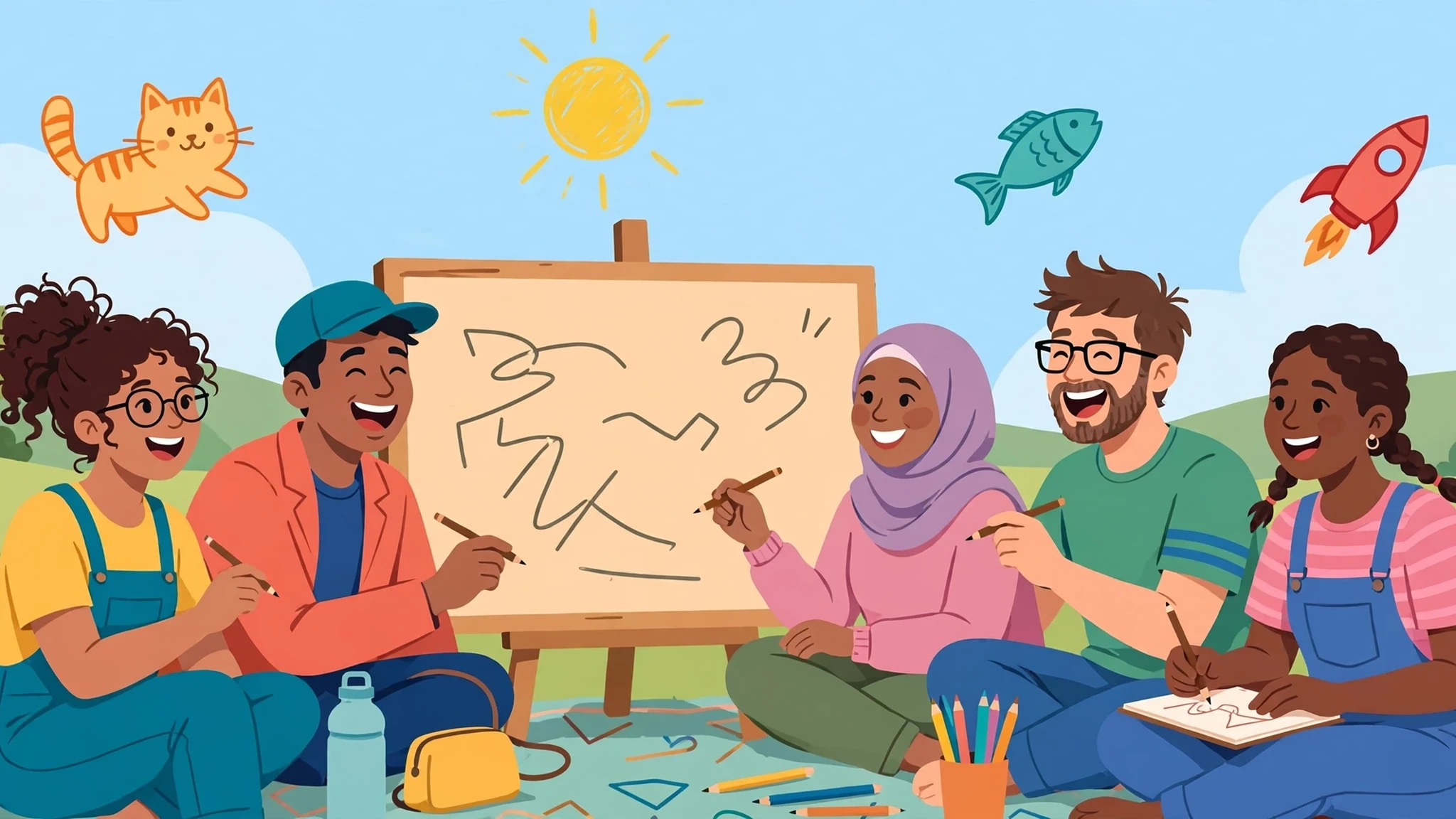 Flat vector illustration of friends laughing around a drawing board outdoors, with cat, sun, fish and rocket doodles floating around them