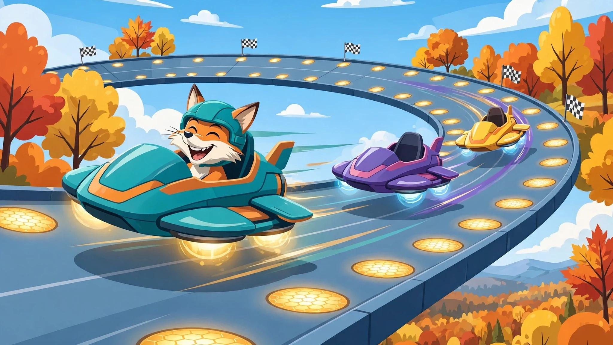 A grinning fox pilot in a teal helmet leads a race in a teal hover craft on a curving sky track with golden boost pads, a purple and a yellow rival craft behind, autumn trees and checkered flags at the track edge.