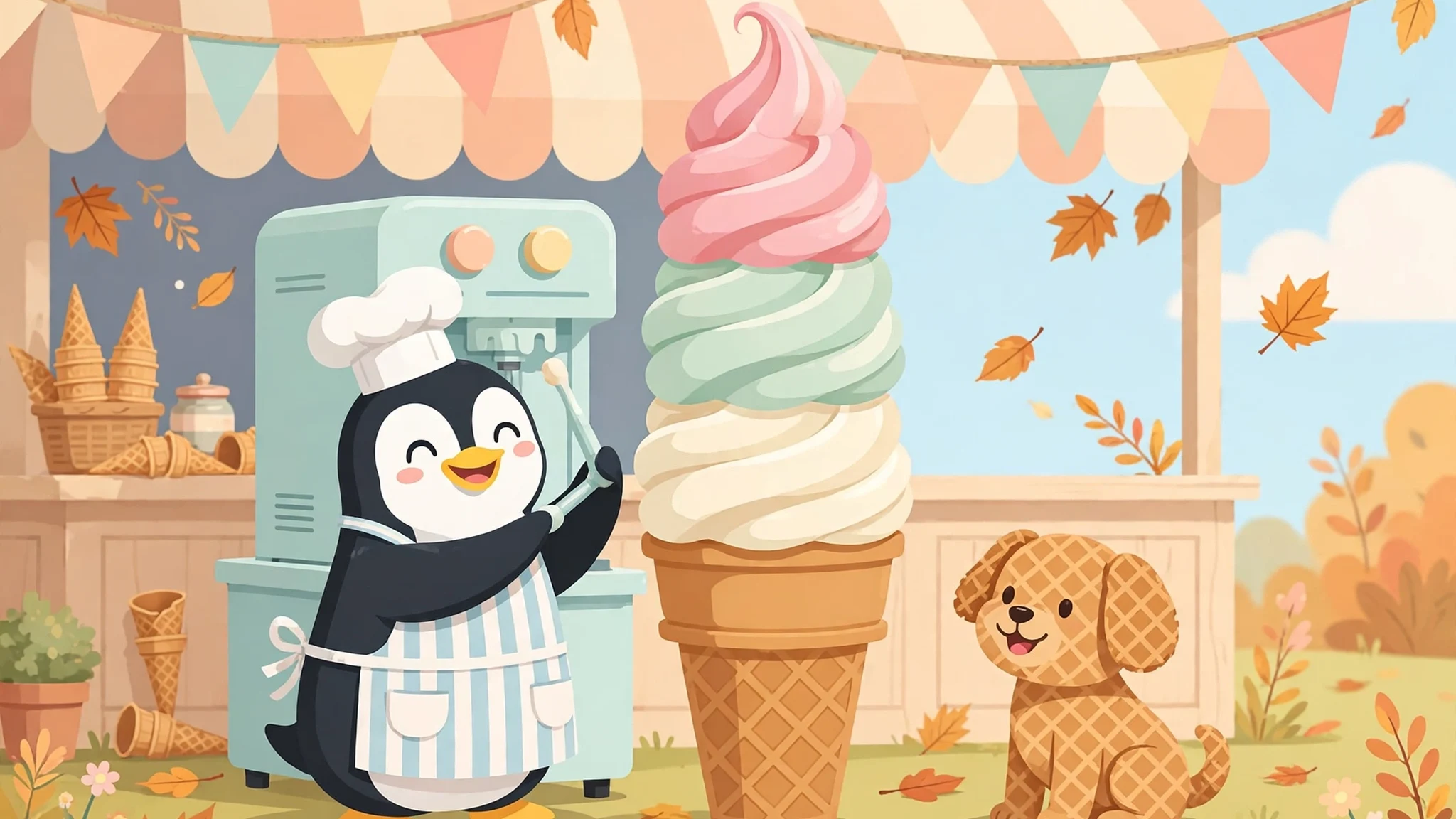 A happy penguin chef in a striped apron beside a tall pink, mint, and vanilla soft-serve tower on a waffle cone, with a small waffle-pattern puppy watching at a sunny ice-cream stand.