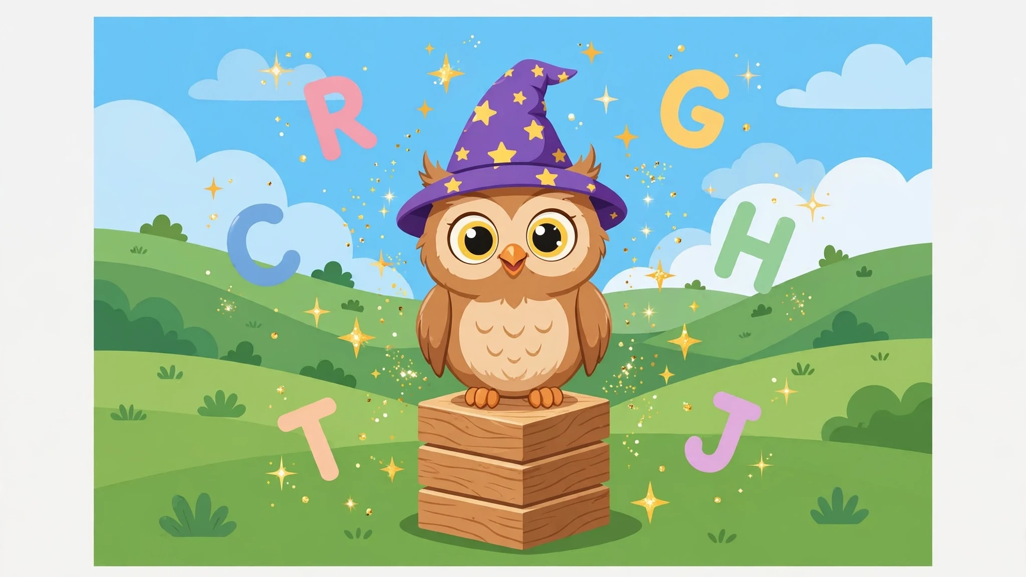 A wizard owl in a purple star hat standing on a stack of wooden tiles, with floating letters and gold sparkles over green hills and blue sky.