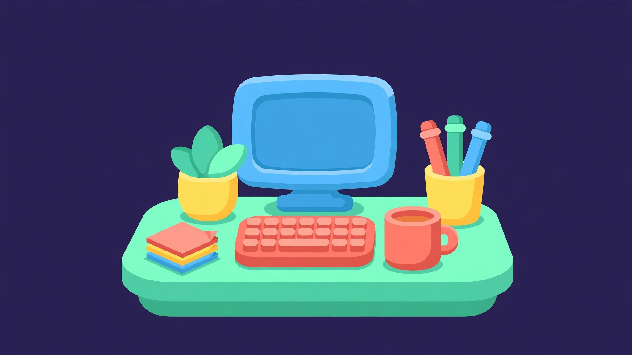 Tab Turret — a tidy desk with a monitor, keyboard, and coffee, ready for invaders