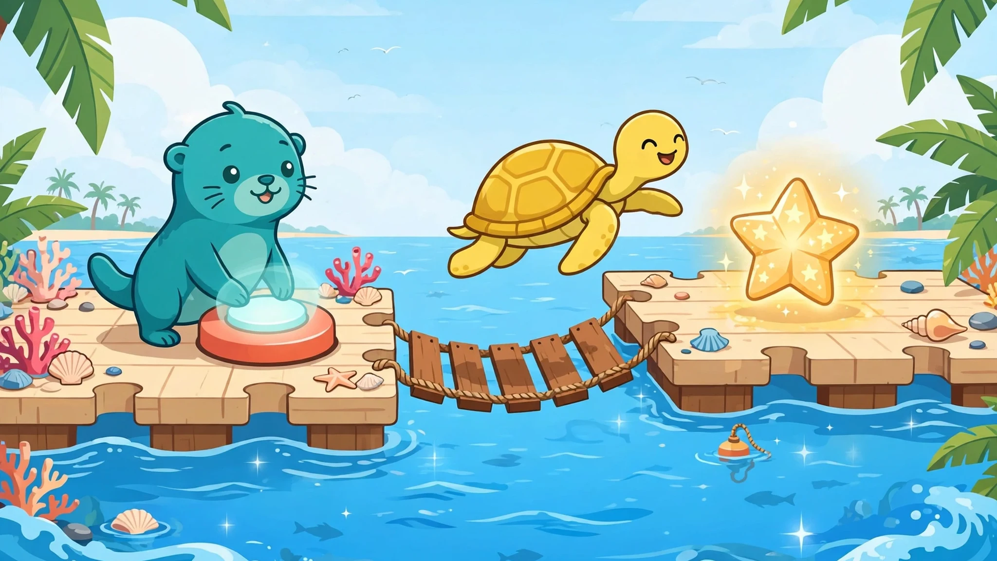 A teal otter pressing a coral switch on a wooden dock while a yellow turtle leaps toward a glowing star shell over bright blue water